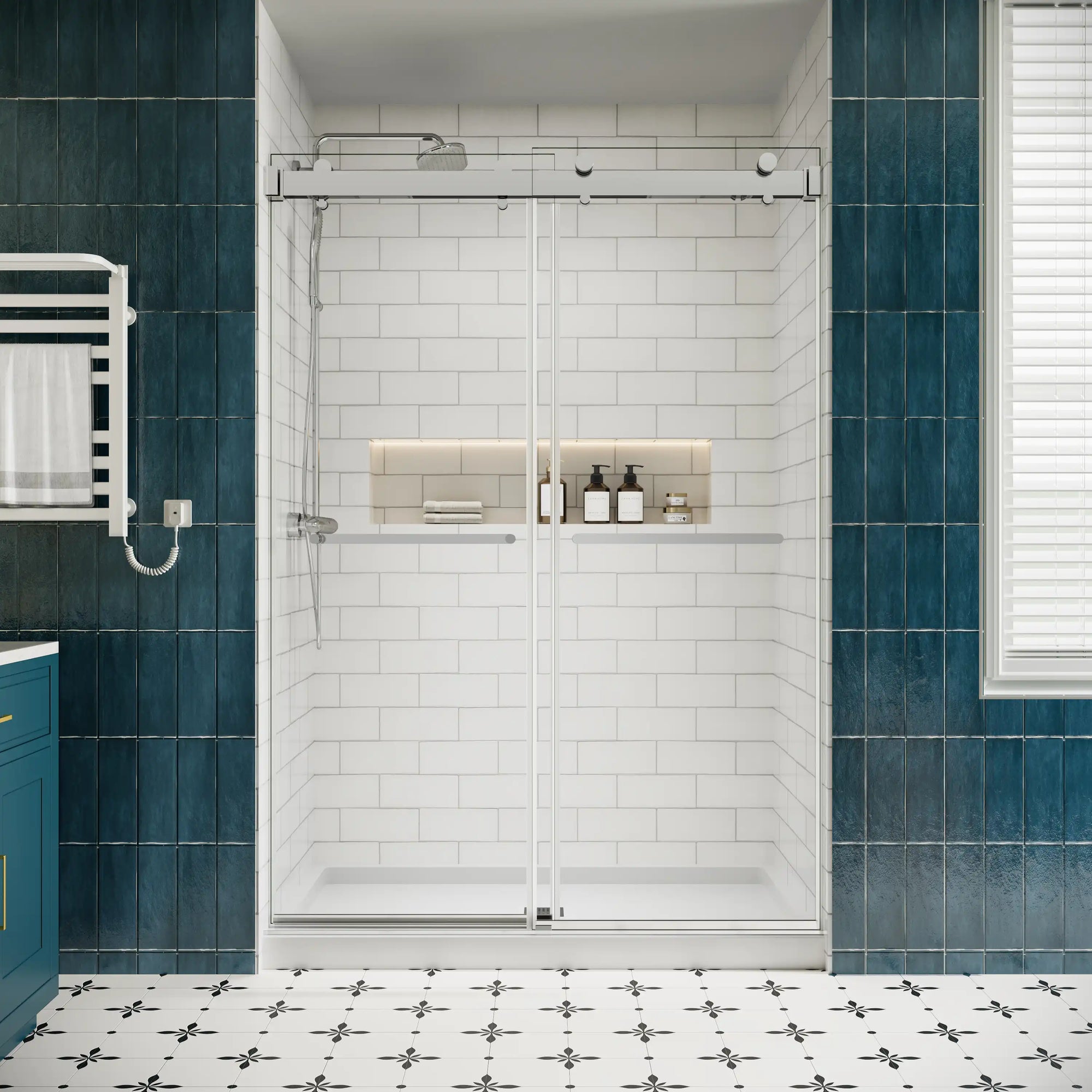 Front view of 54 x 76 chrome 50-54 sliding shower doors with frameless design and dual towel bar handles in a modern white subway tile bathroom | Ace Decor