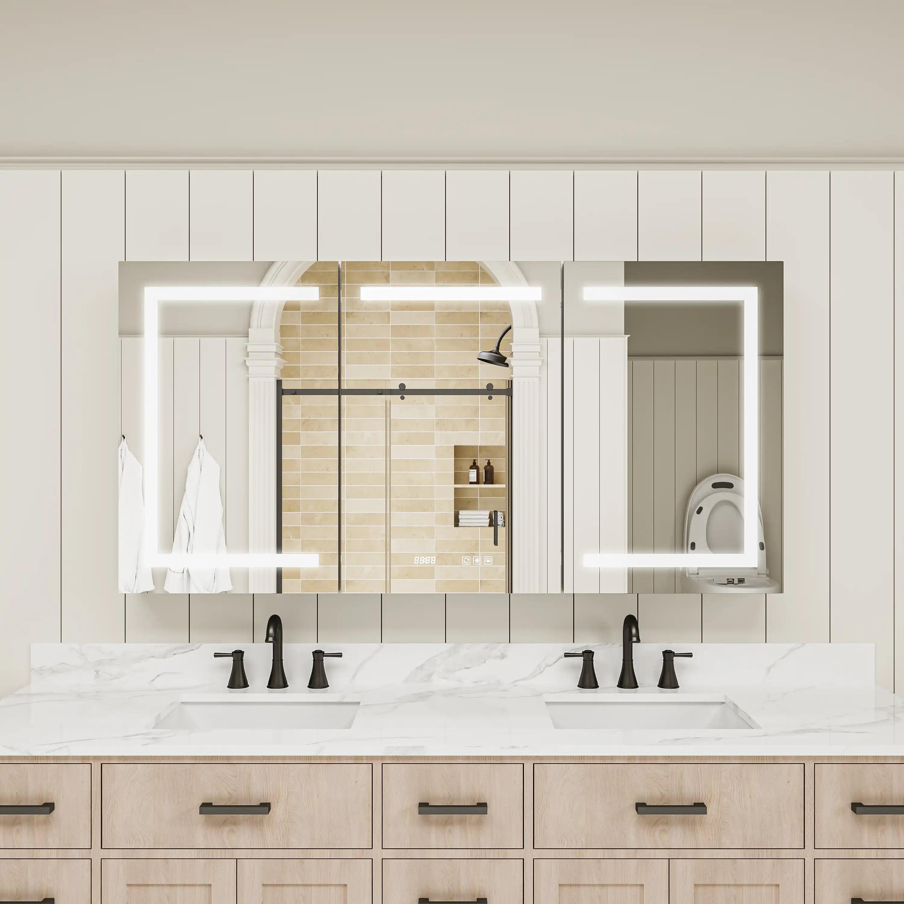 Pro Shower 48x30/60x30 Rectangular Silver LED Medicine Cabinet with triple doors and illuminated mirror for modern bathroom.
