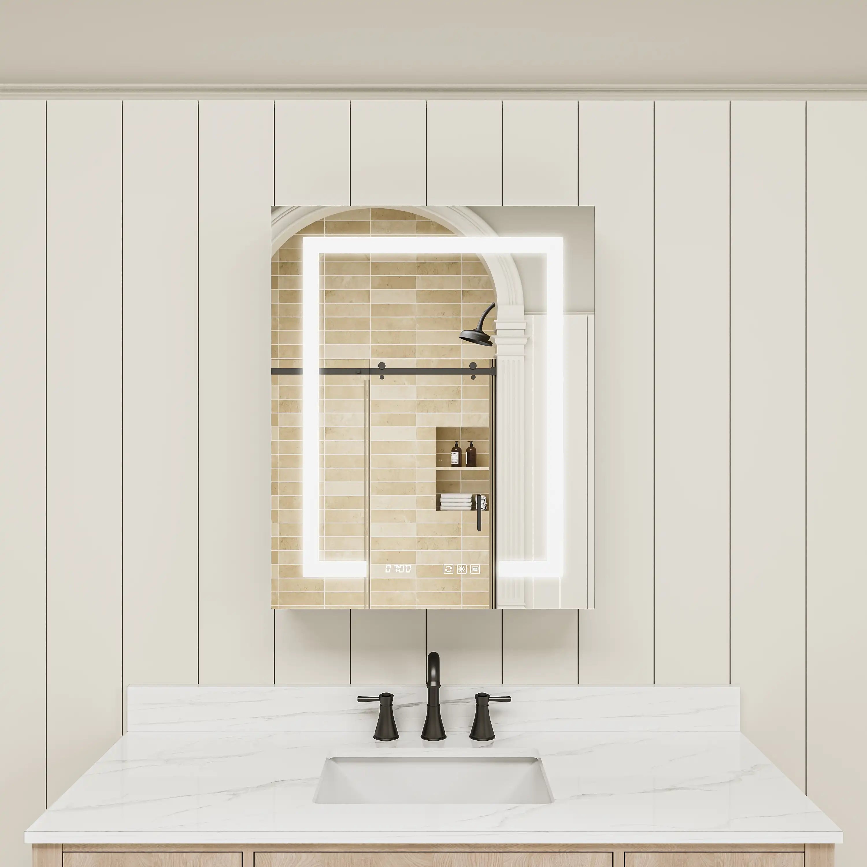 Pro Shower 24x30 LED Medicine Cabinet illuminated with cool daylight lighting.