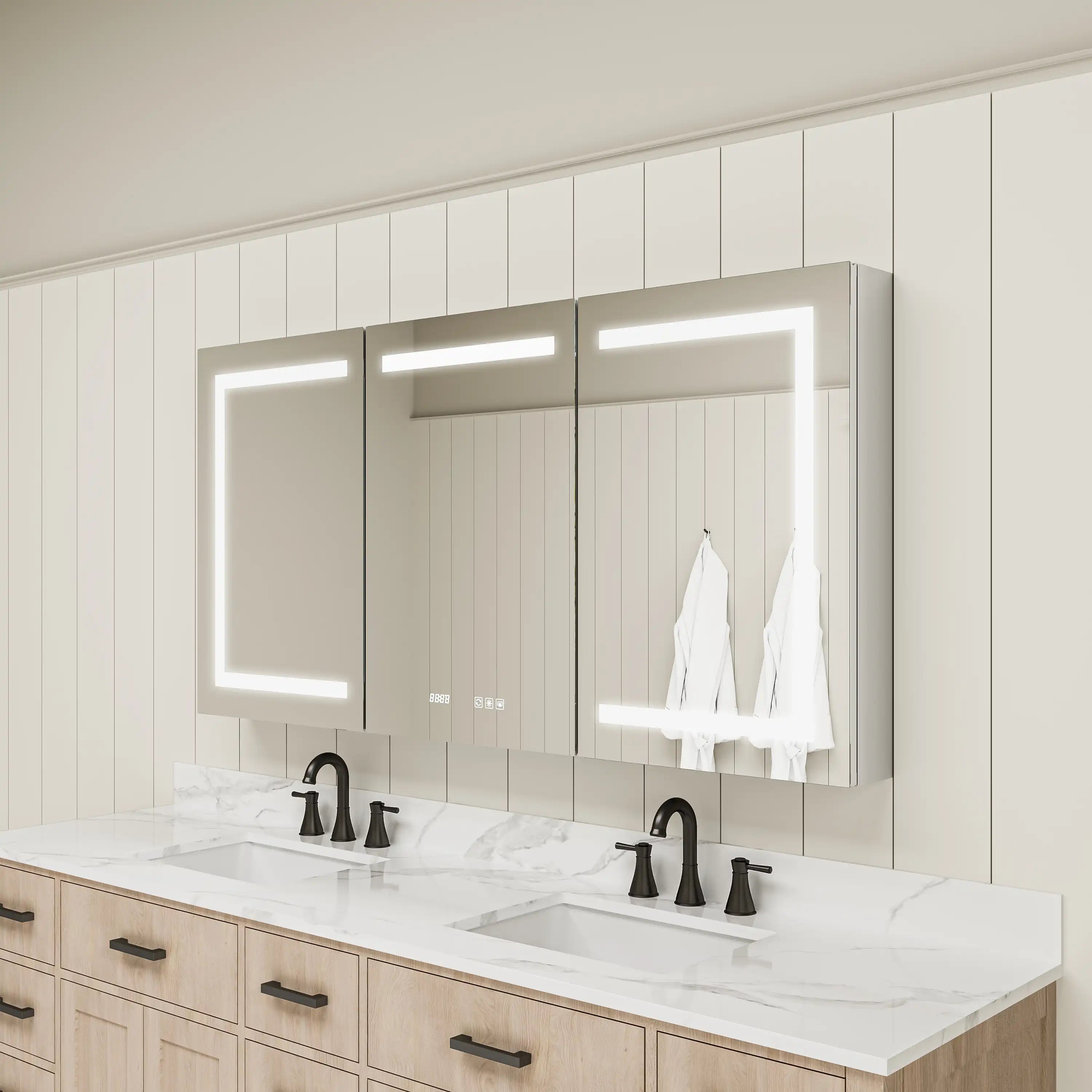 Side view of wall-mounted Pro Shower 48x30/60x30 Rectangular LED Medicine Cabinet with LED lighting on.