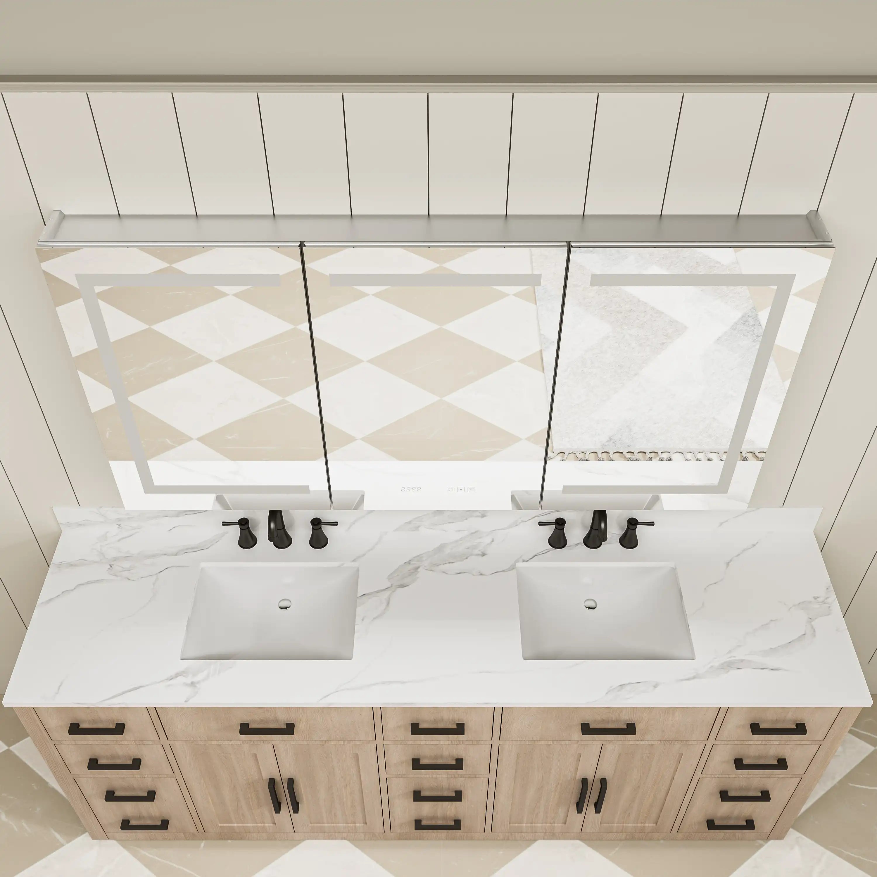 Top view of Pro Shower 48x30/60x30 Rectangular LED Medicine Cabinet installed above bathroom vanity, with LED lighting off.