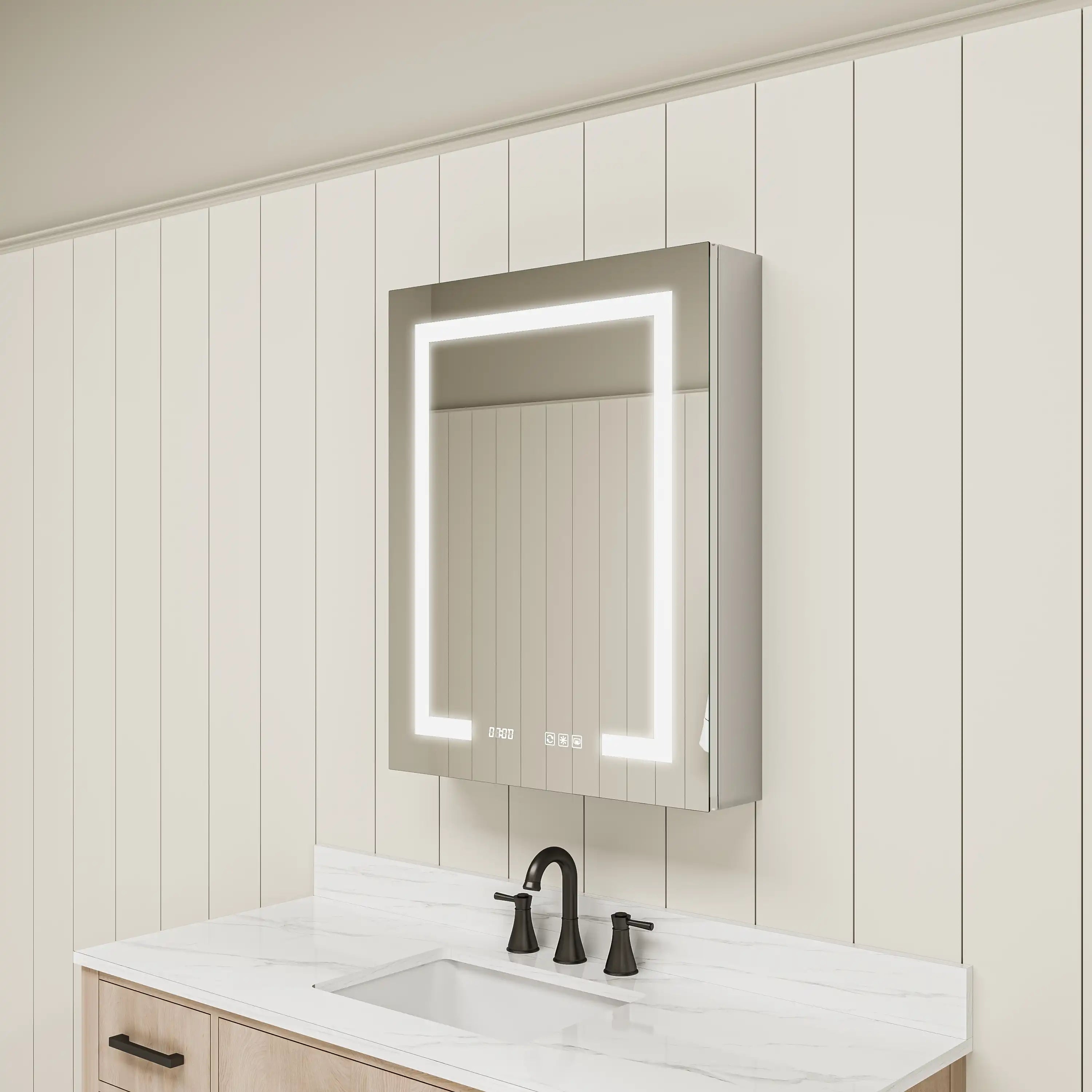 Wall-mounted Pro Shower LED Medicine Cabinet in bathroom with modern design.
