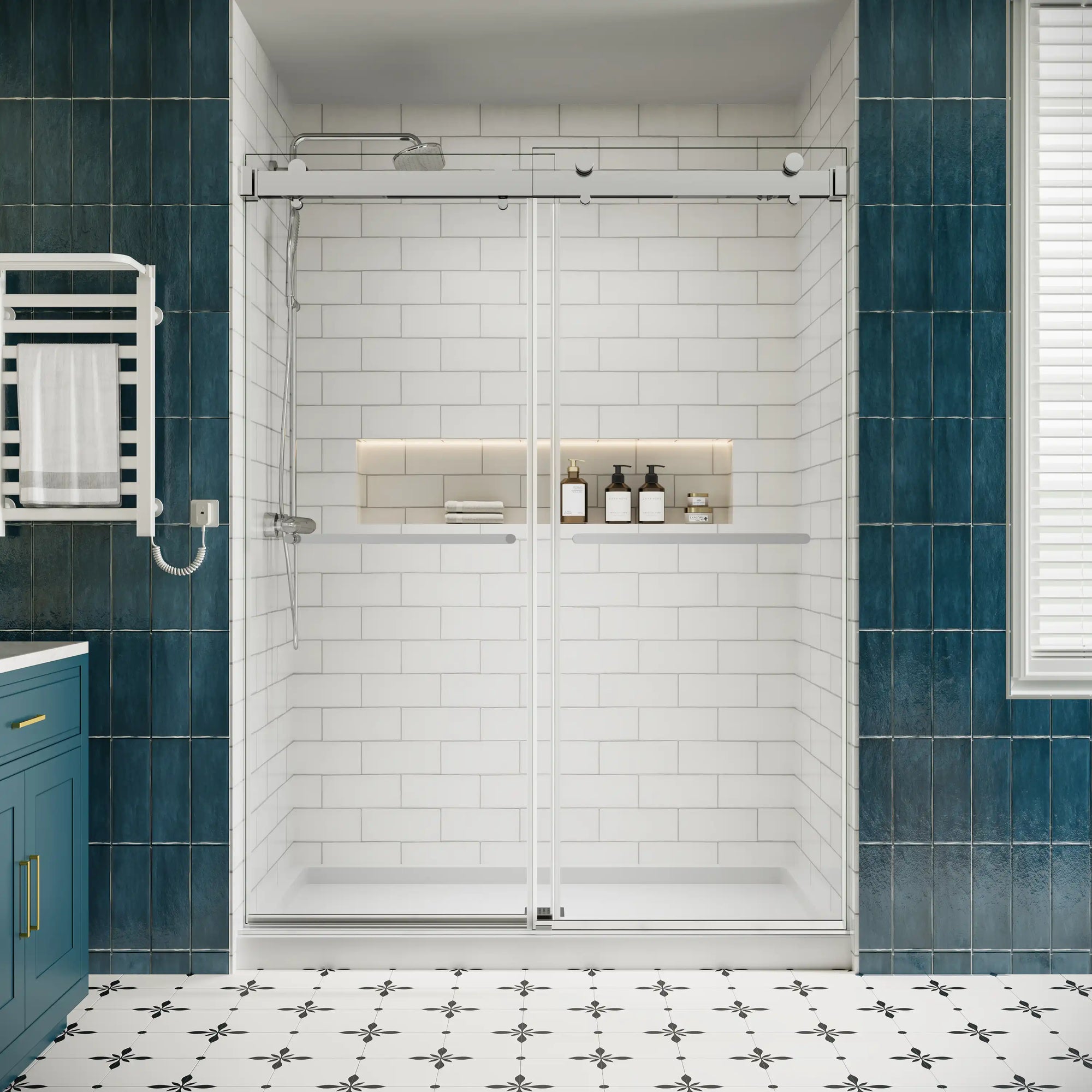 Front view of 60 x 76 chrome double sliding frameless shower door with modern minimalist design in a white subway tile bathroom | Ace Decor