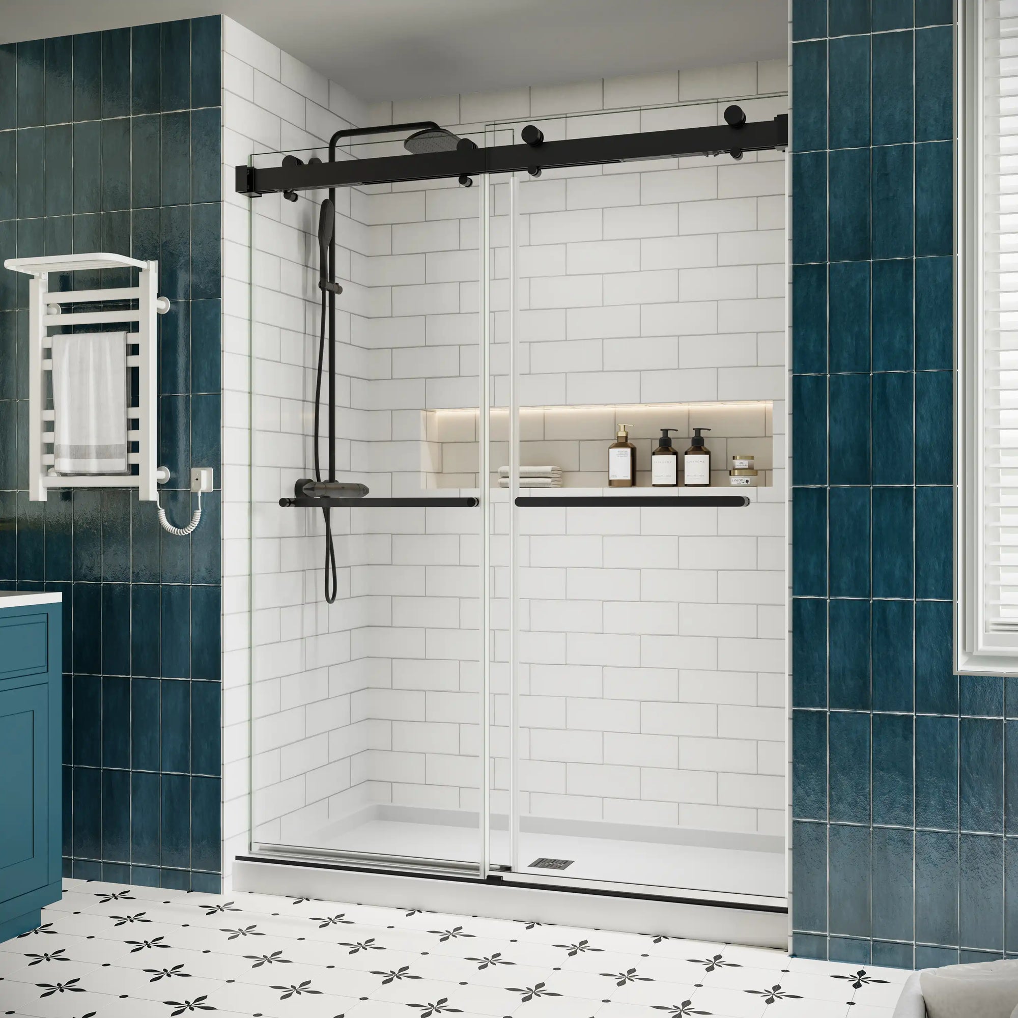 Side view of 60 x 76 dual sliding shower doors with matte black hardware in a modern bathroom with white subway tiles and blue accent walls | Ace Decor