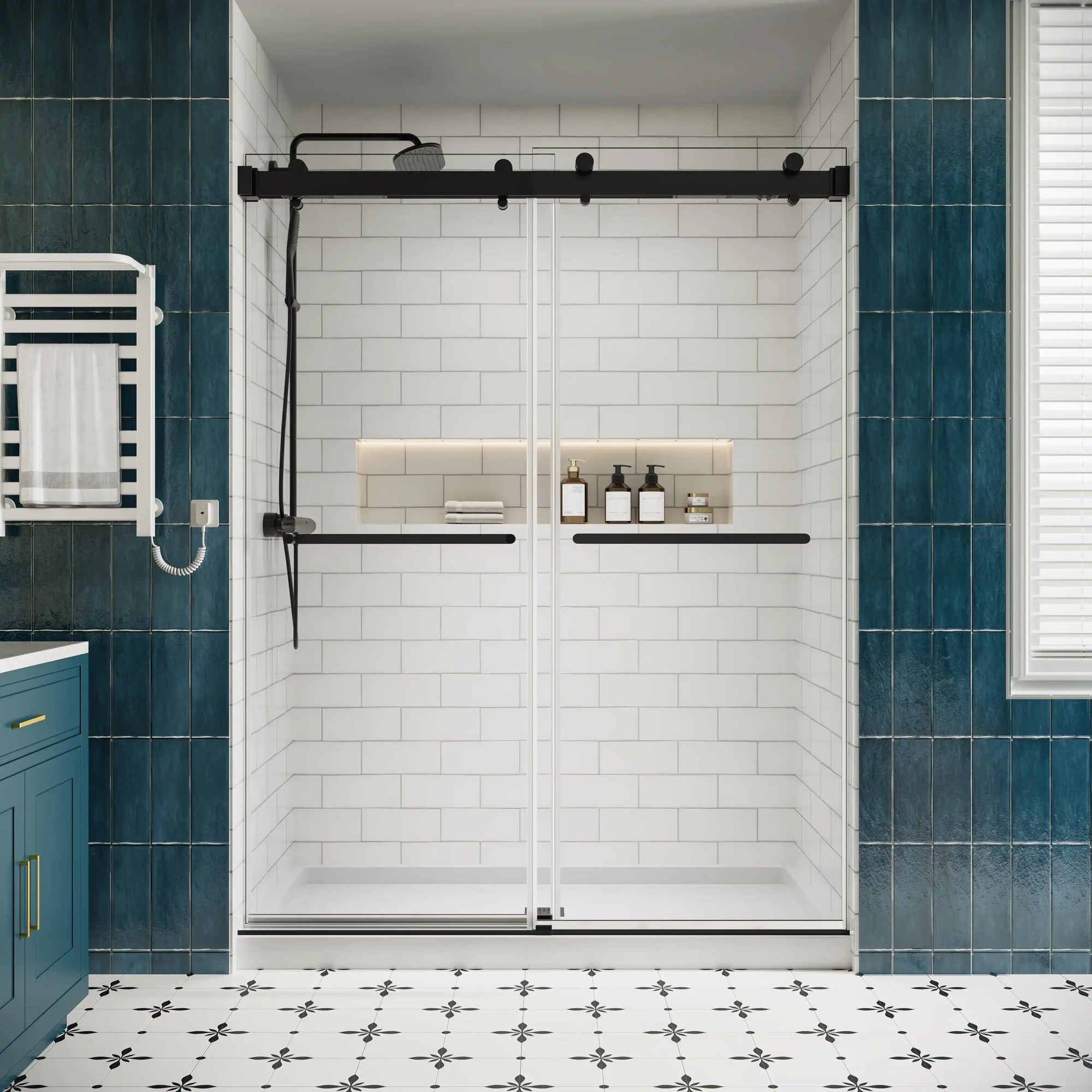 Front view of 60 x 76 dual sliding shower doors with matte black hardware in a modern bathroom with white subway tiles and blue accent walls | Ace Decor