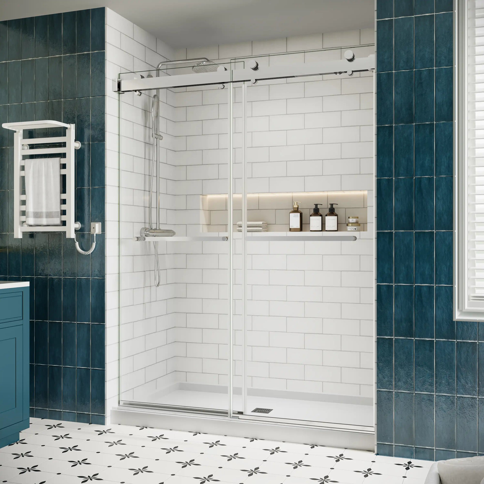Side view of 60 x 76 chrome double sliding frameless shower door with modern minimalist design in a white subway tile bathroom | Ace Decor