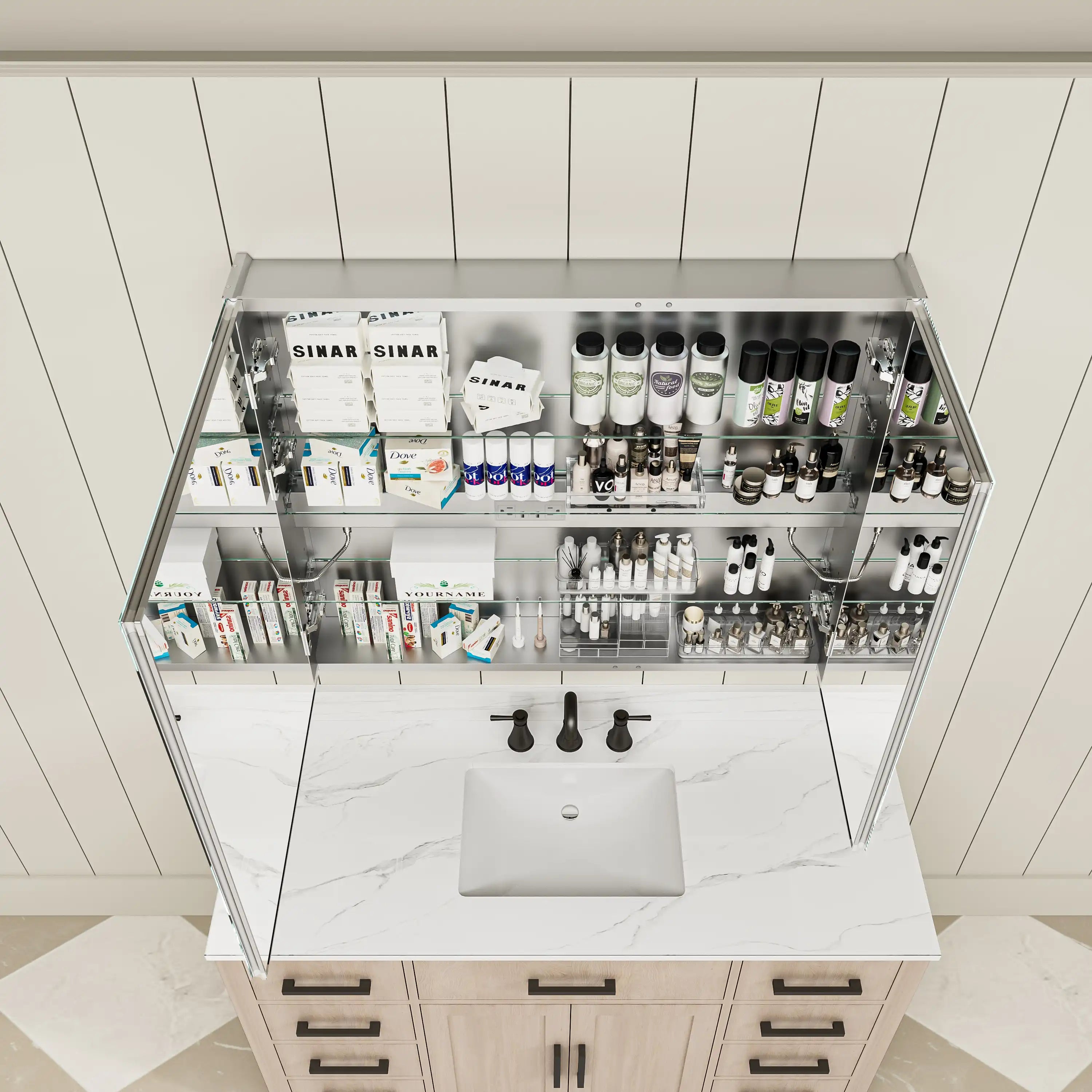 Pro Shower 36x30 LED Medicine Cabinet open with shelves fully stocked with bathroom essentials.