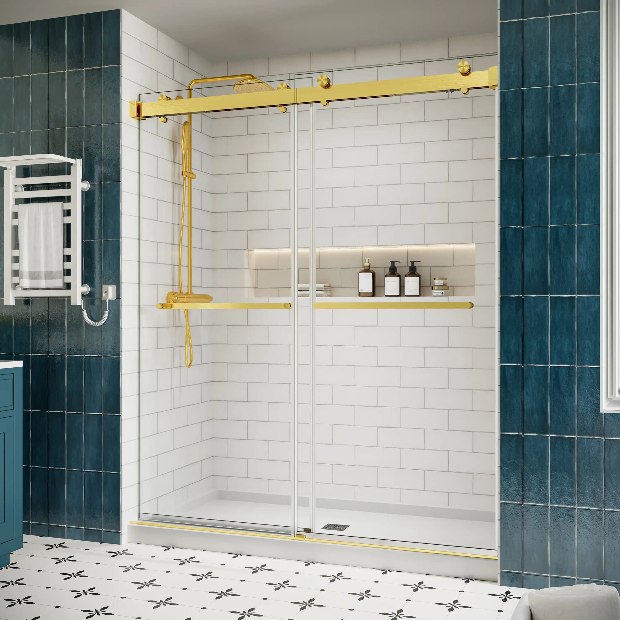 66 x 76 brushed gold sliding shower door side view showing frameless design and modern bathroom installation | Ace Decor
