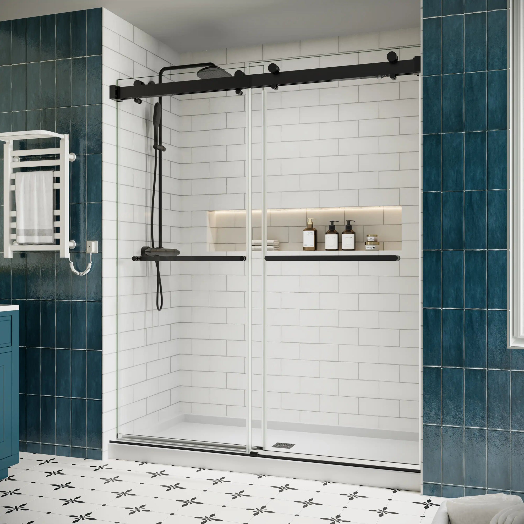 Side view of 60 x 76 double sliding shower doors frameless design with matte black hardware in a modern white subway tile bathroom | Ace Decor