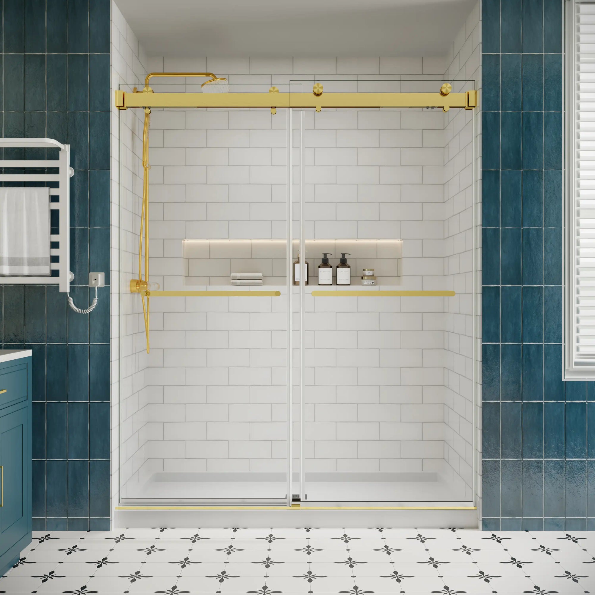 66 x 76 brushed gold sliding shower door front view showing frameless design and modern bathroom installation | Ace Decor