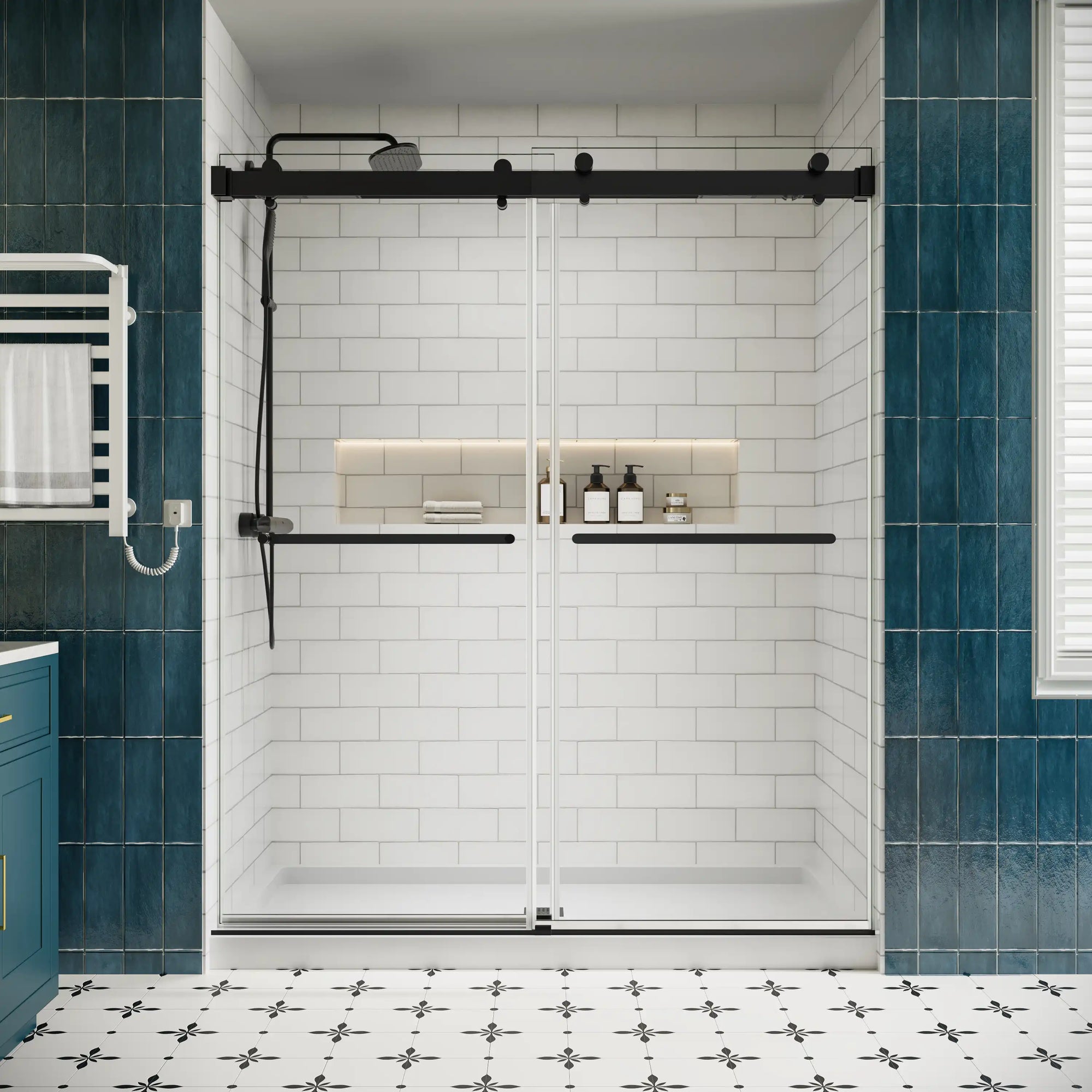 Front view of 60 x 76 double sliding shower doors frameless design with matte black hardware in a modern white subway tile bathroom | Ace Decor