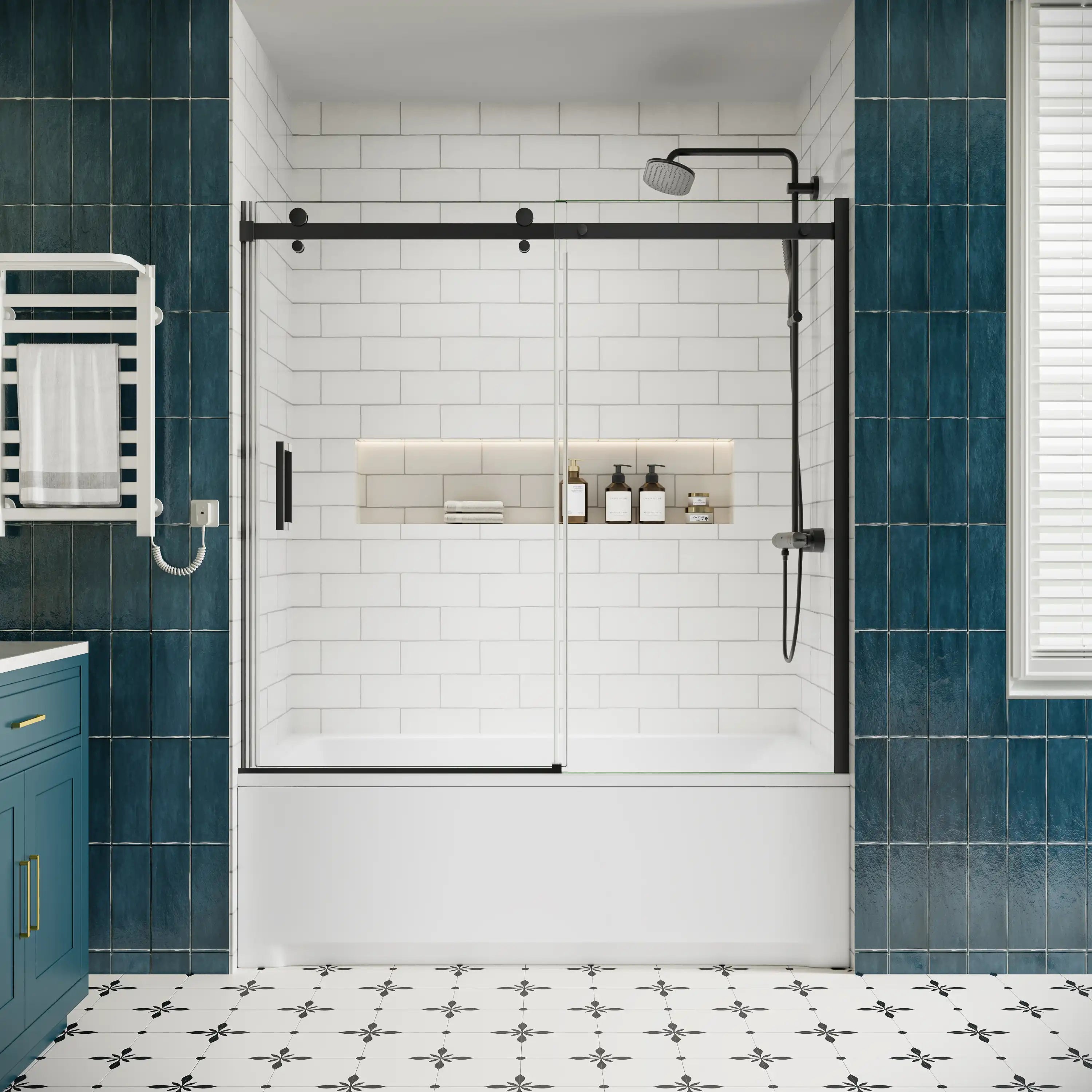 Matte black sliding bathtub door, frameless design, 60 x 58 inches, shown in open position with tempered glass panels | Ace Decor