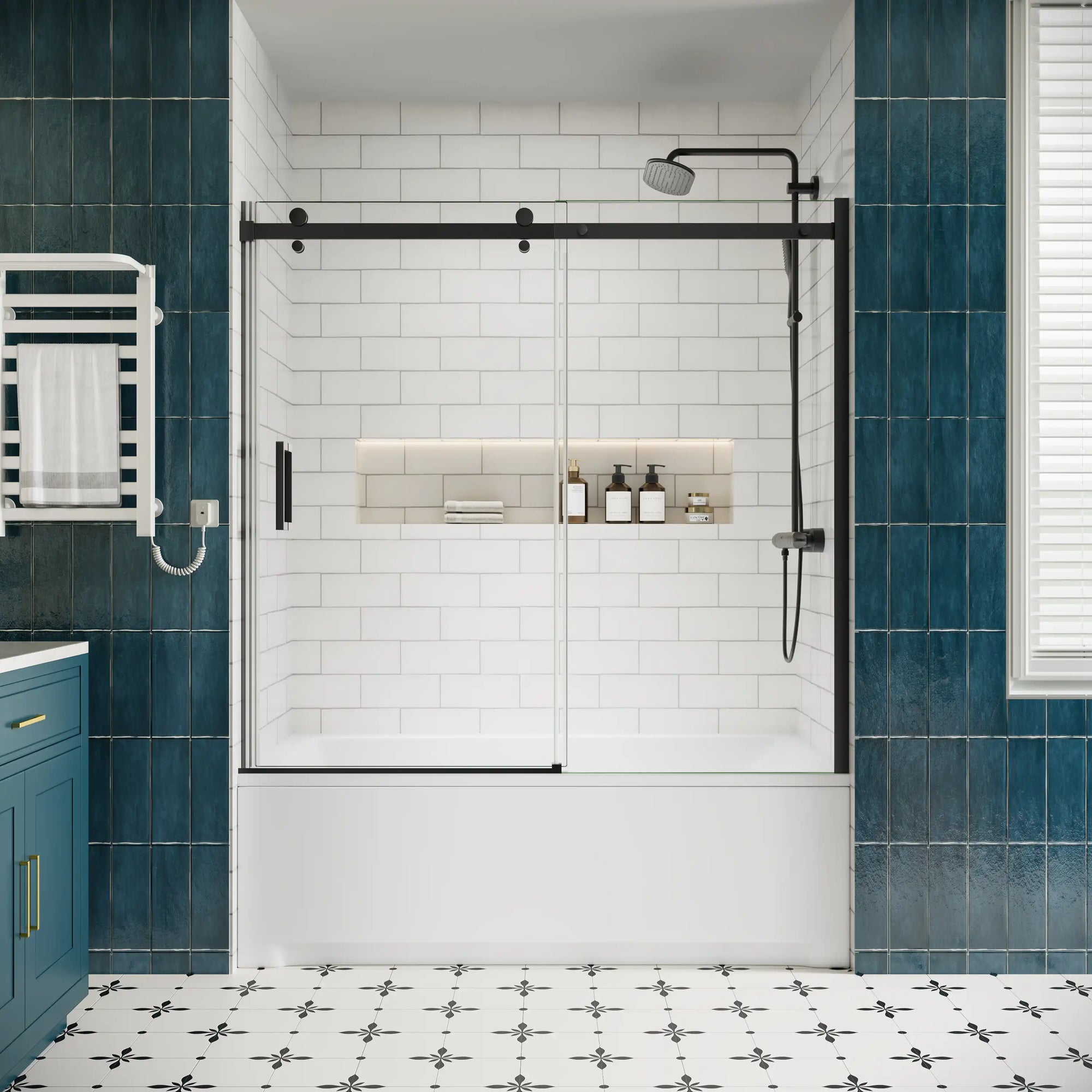 Matte black sliding bathtub door, frameless design, 60 x 58 inches, shown in open position with tempered glass panels | Ace Decor