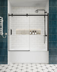 Matte black sliding bathtub door, frameless design, 60 x 58 inches, shown in open position with tempered glass panels | Ace Decor
