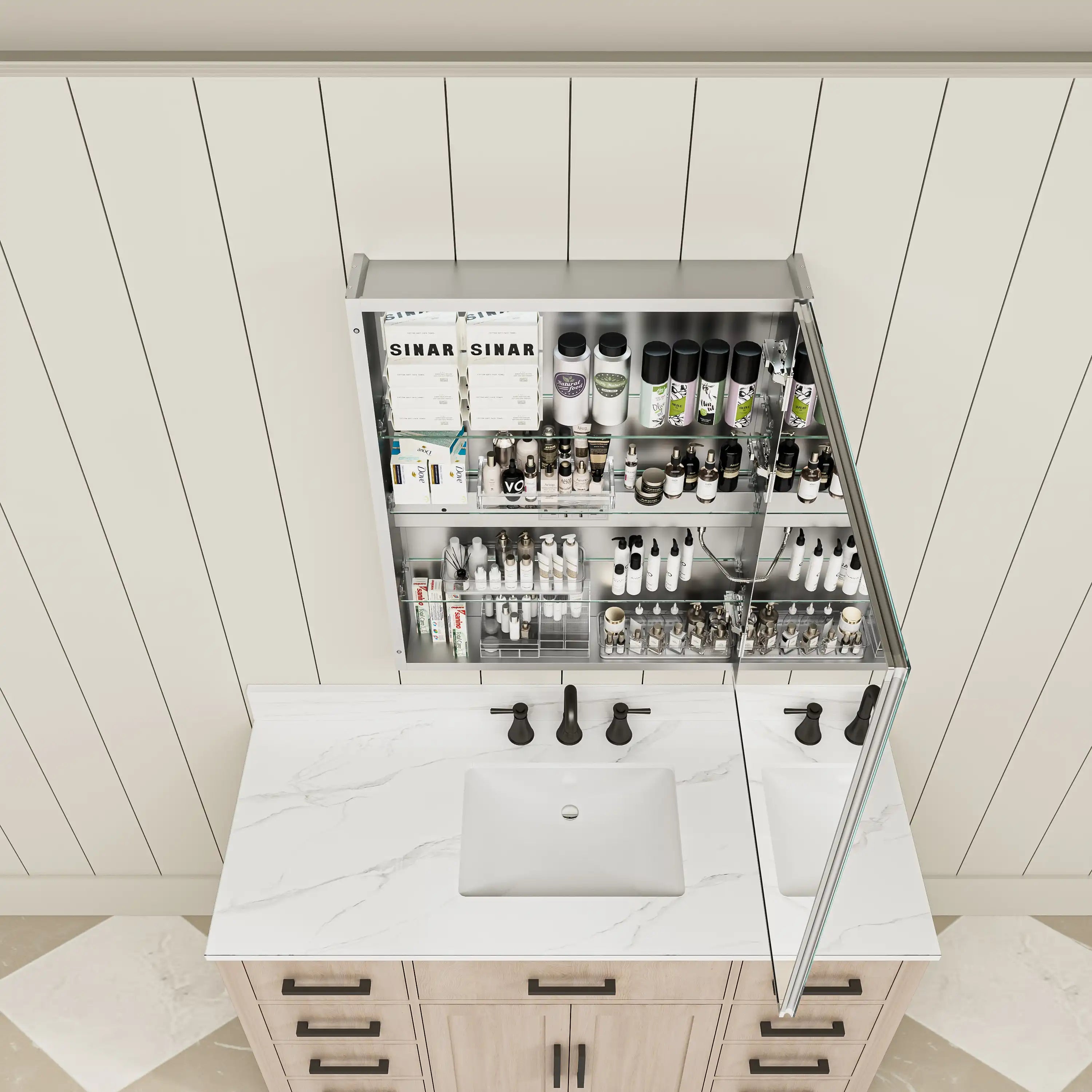 Top view of Pro Shower 24x30 LED Medicine Cabinet open and organized with toiletries inside.