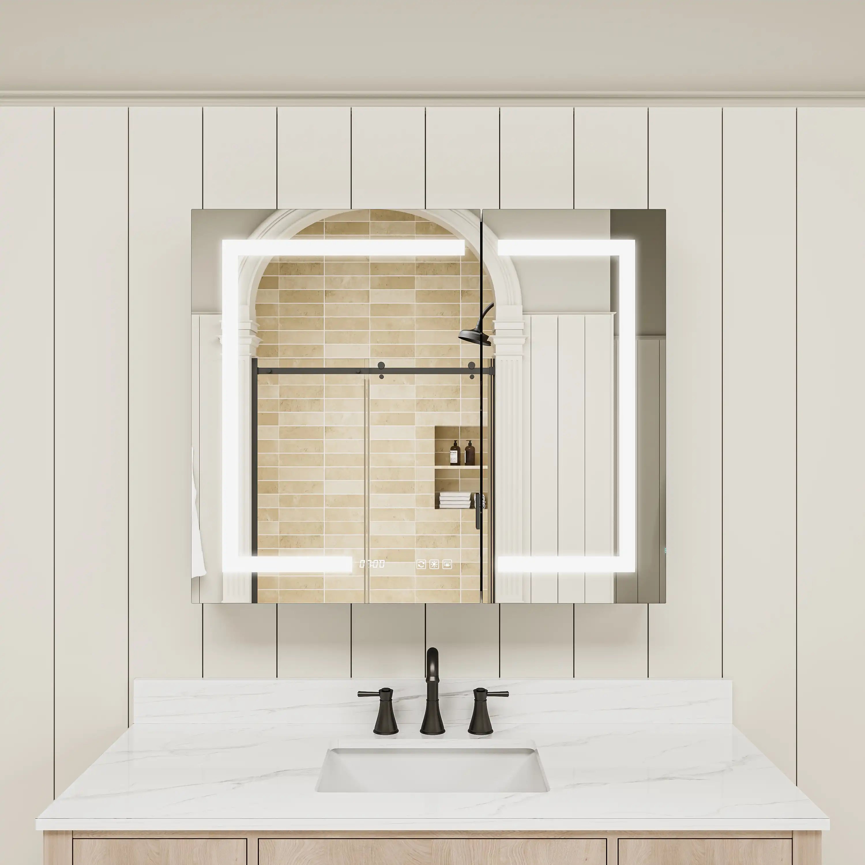 Pro Shower 36x30 Rectangular Silver LED Medicine Cabinet with lighting in a modern bathroom.