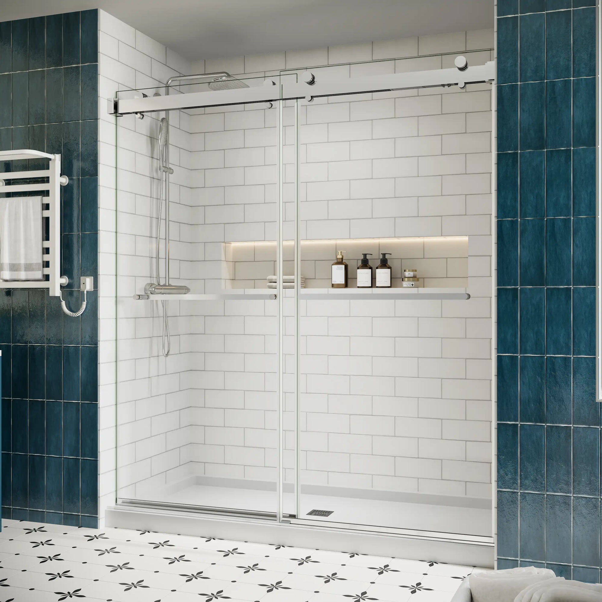 Side view of 72 x 76 chrome frameless shower door sliding design with sleek handles in a modern white subway tile bathroom | Ace Decor