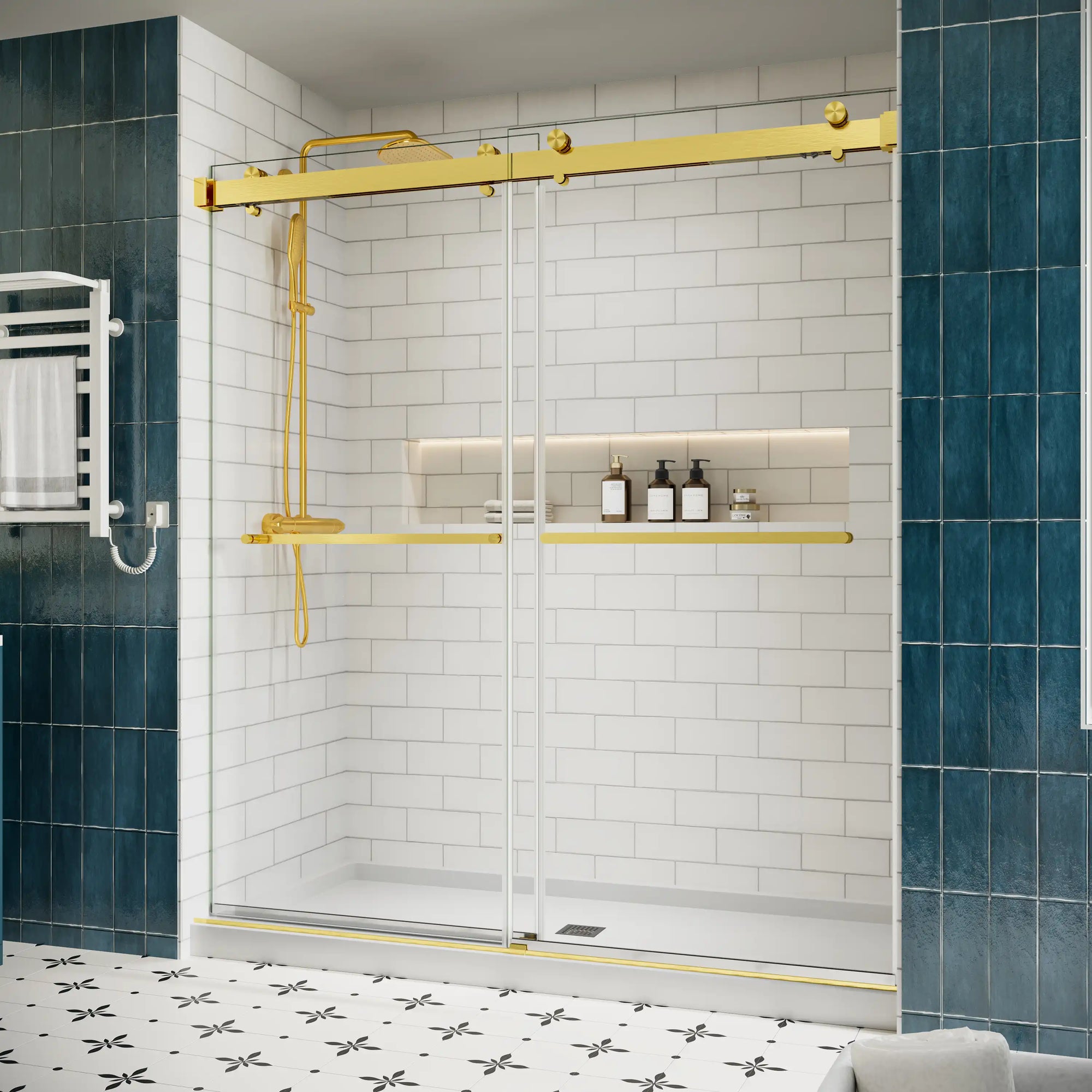 72 x 76 gold shower door sliding side view showing frameless design with brushed gold hardware in a modern bathroom | Ace Decor