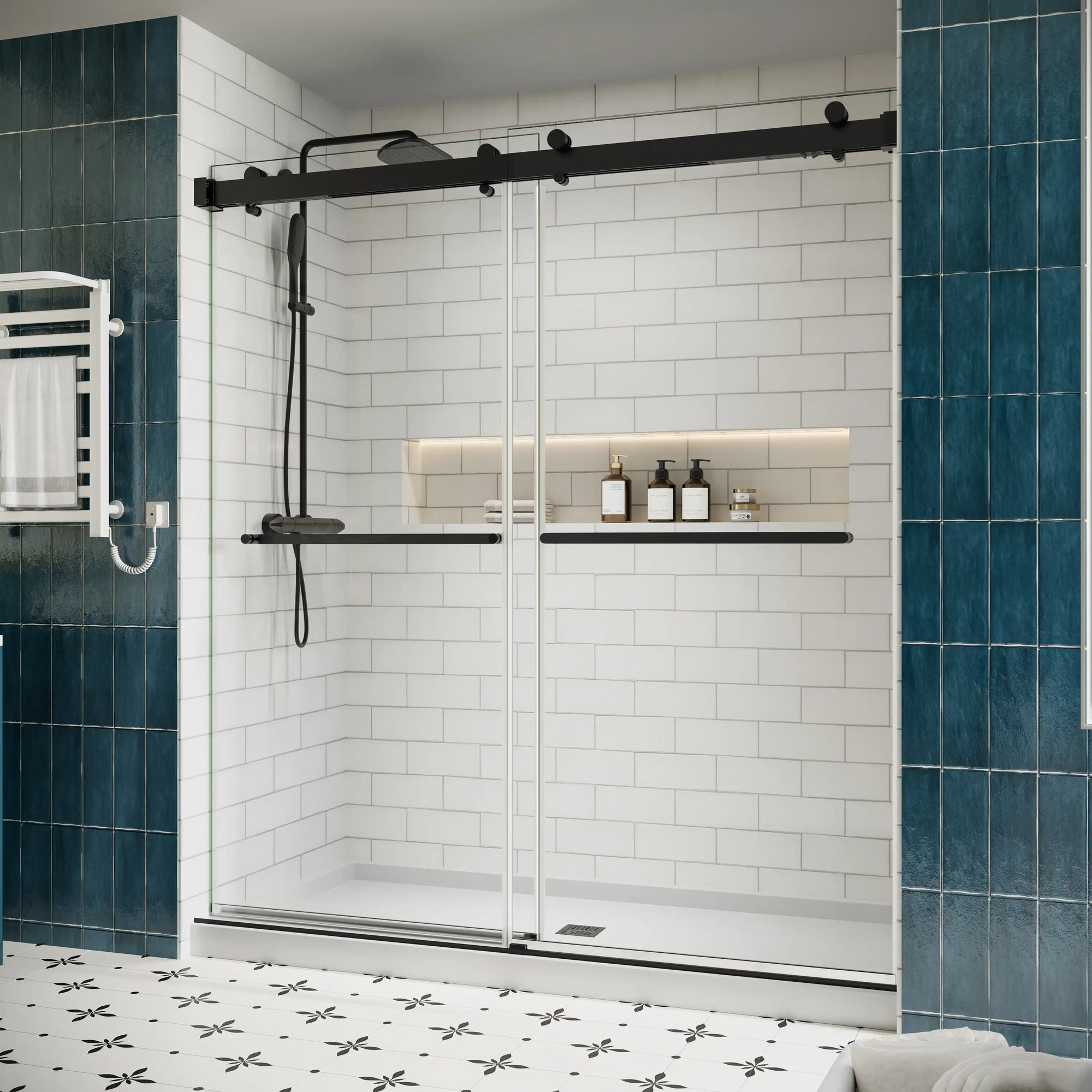 Side view of 72 x 76 matte black sliding shower door with frameless design and modern hardware in a white subway tile bathroom | Ace Decor