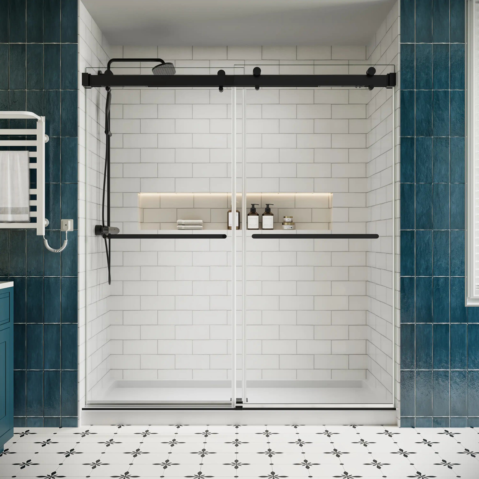 Front view of 72 x 76 matte black sliding shower door with frameless design and modern hardware in a white subway tile bathroom | Ace Decor