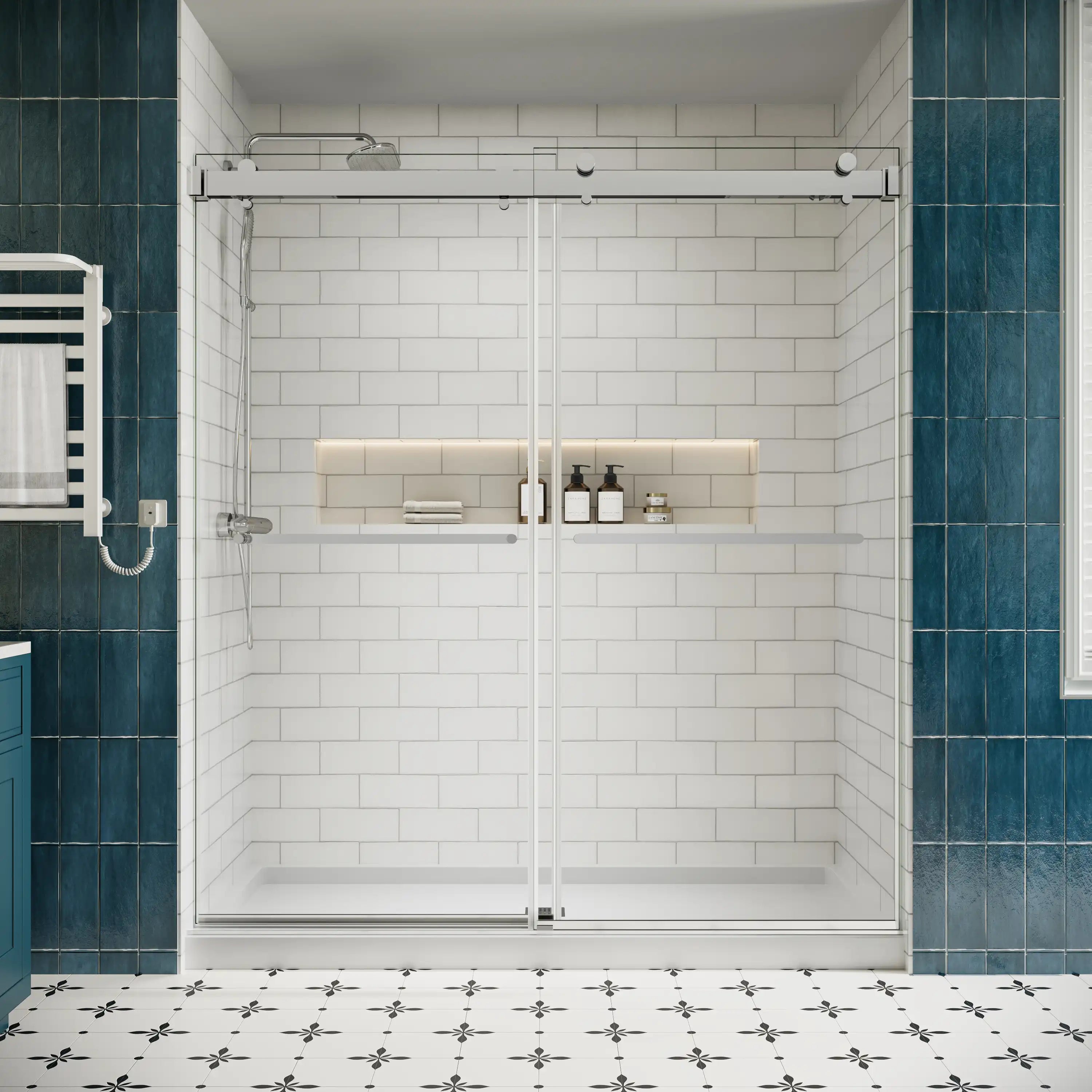 Modern bathroom with a sliding glass shower door against white subway tiles, dark blue walls, and a classic black and white checkered floor.