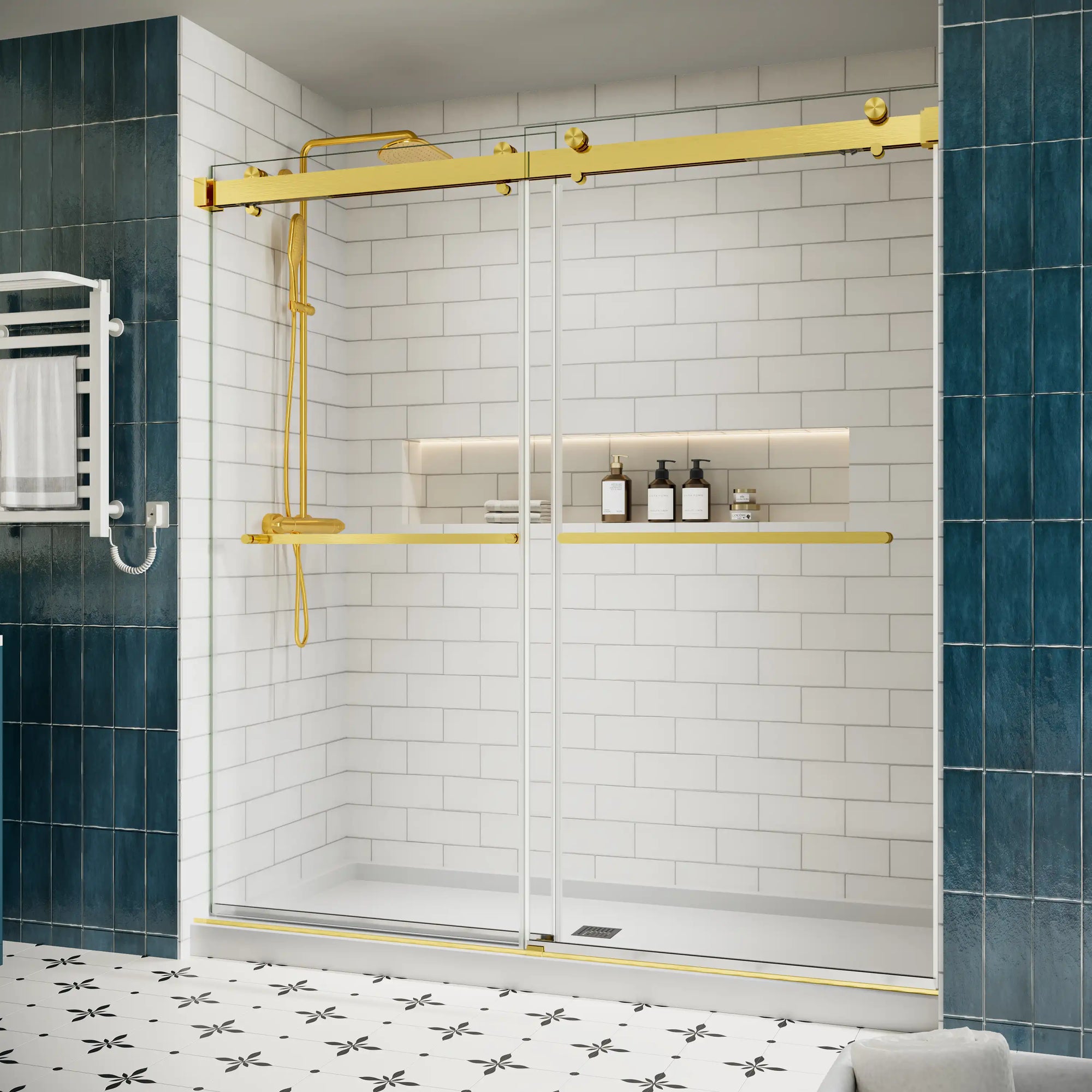 Side view of 76 x 76 double sliding shower door with clear tempered glass and brushed gold hardware in a modern bathroom | Ace Decor