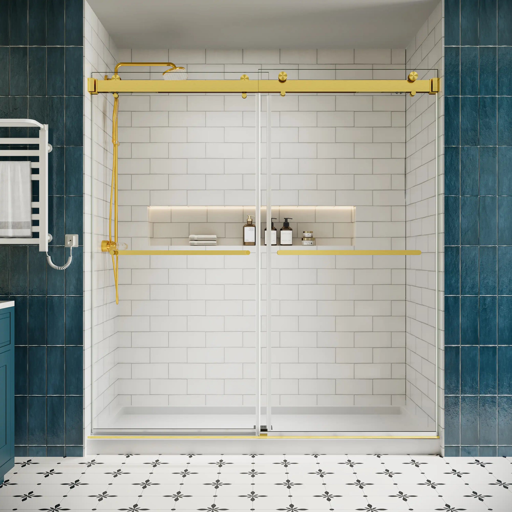 Front view of 76 x 76 double sliding shower door with clear tempered glass and brushed gold hardware in a modern bathroom | Ace Decor