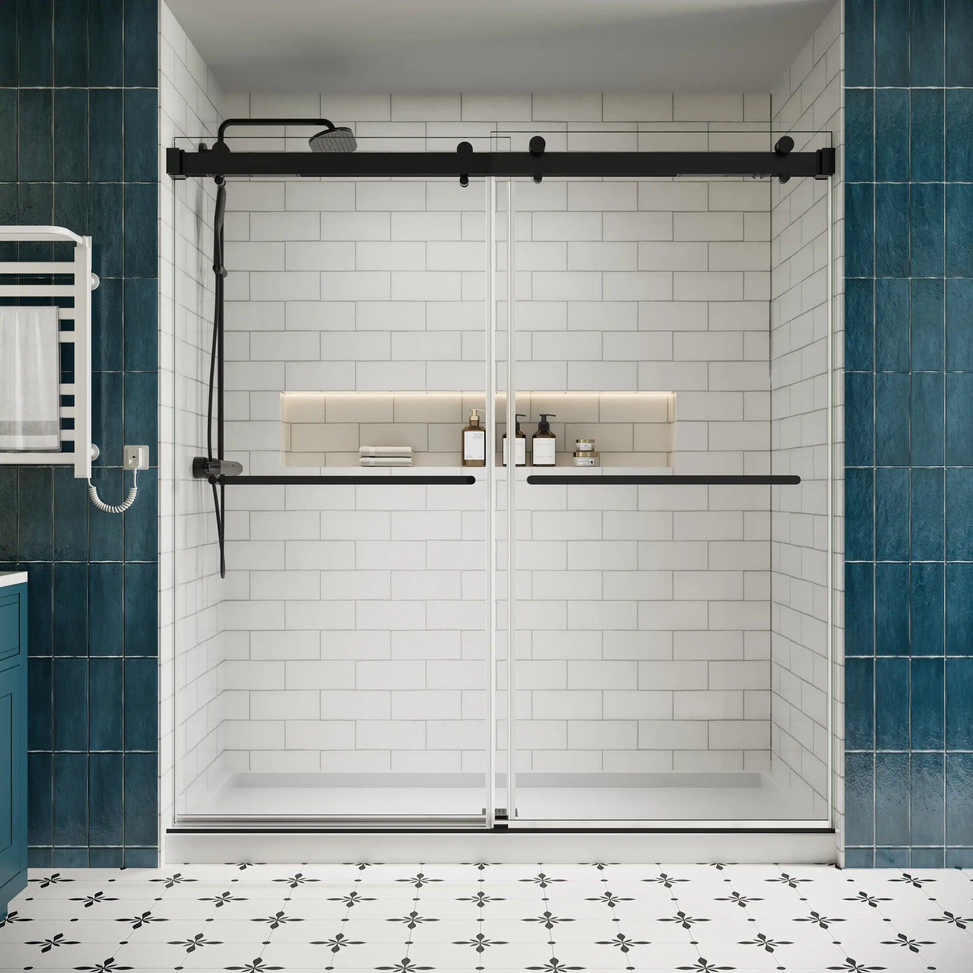 Front view of 76 x 76 frameless double sliding shower door with matte black hardware in a modern white subway tile bathroom | Ace Decor