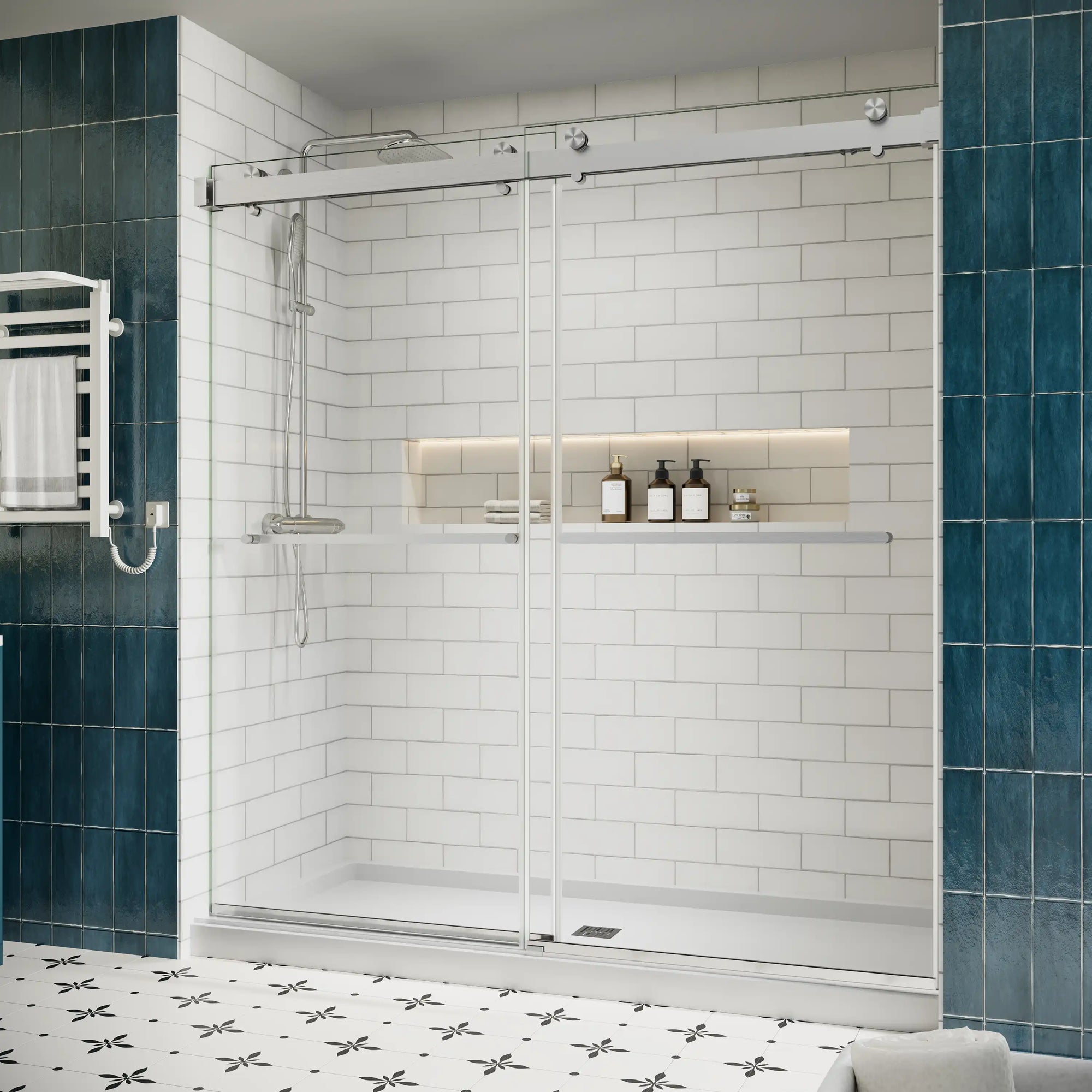 76 x 76 brushed nickel buy frameless shower doors side view showcasing modern minimalist bathroom design and clear glass panels | Ace Decor