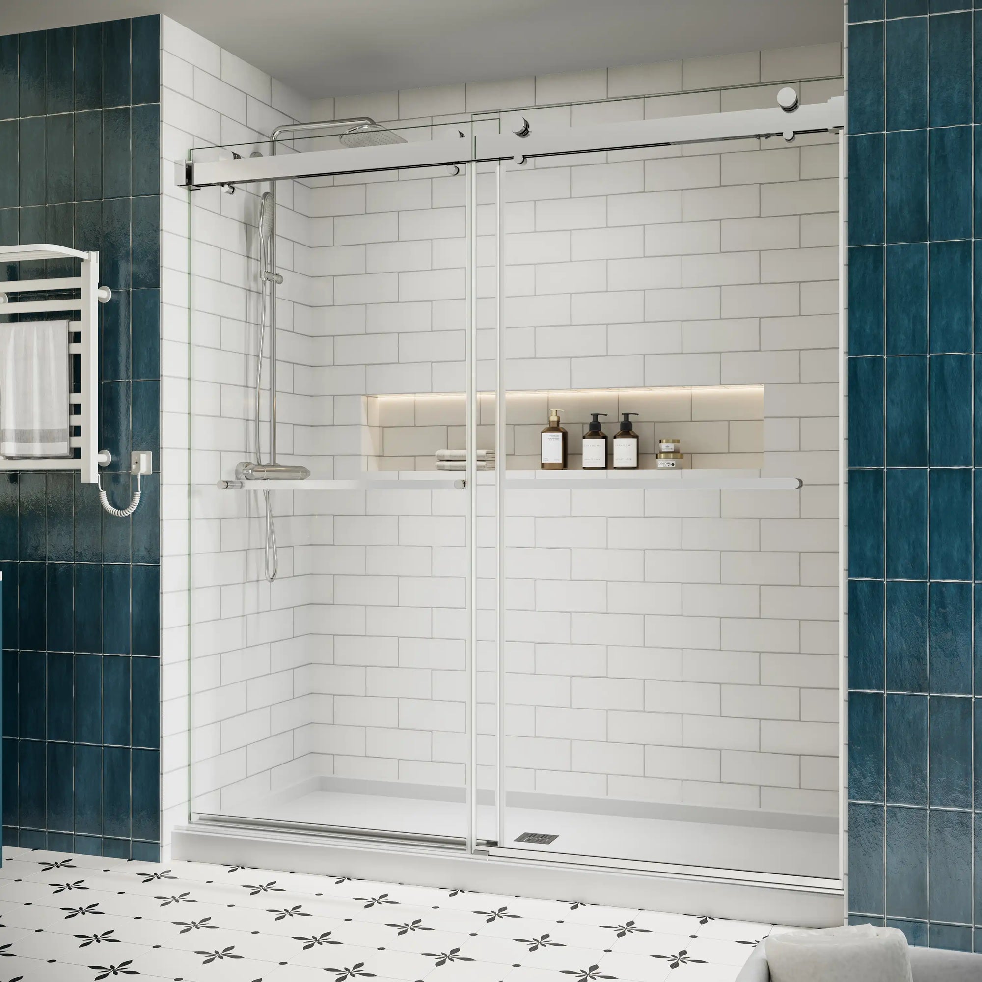 Side view of 76 x 76 chrome sliding shower doors for walk-in shower with frameless design and modern chrome hardware | Ace Decor