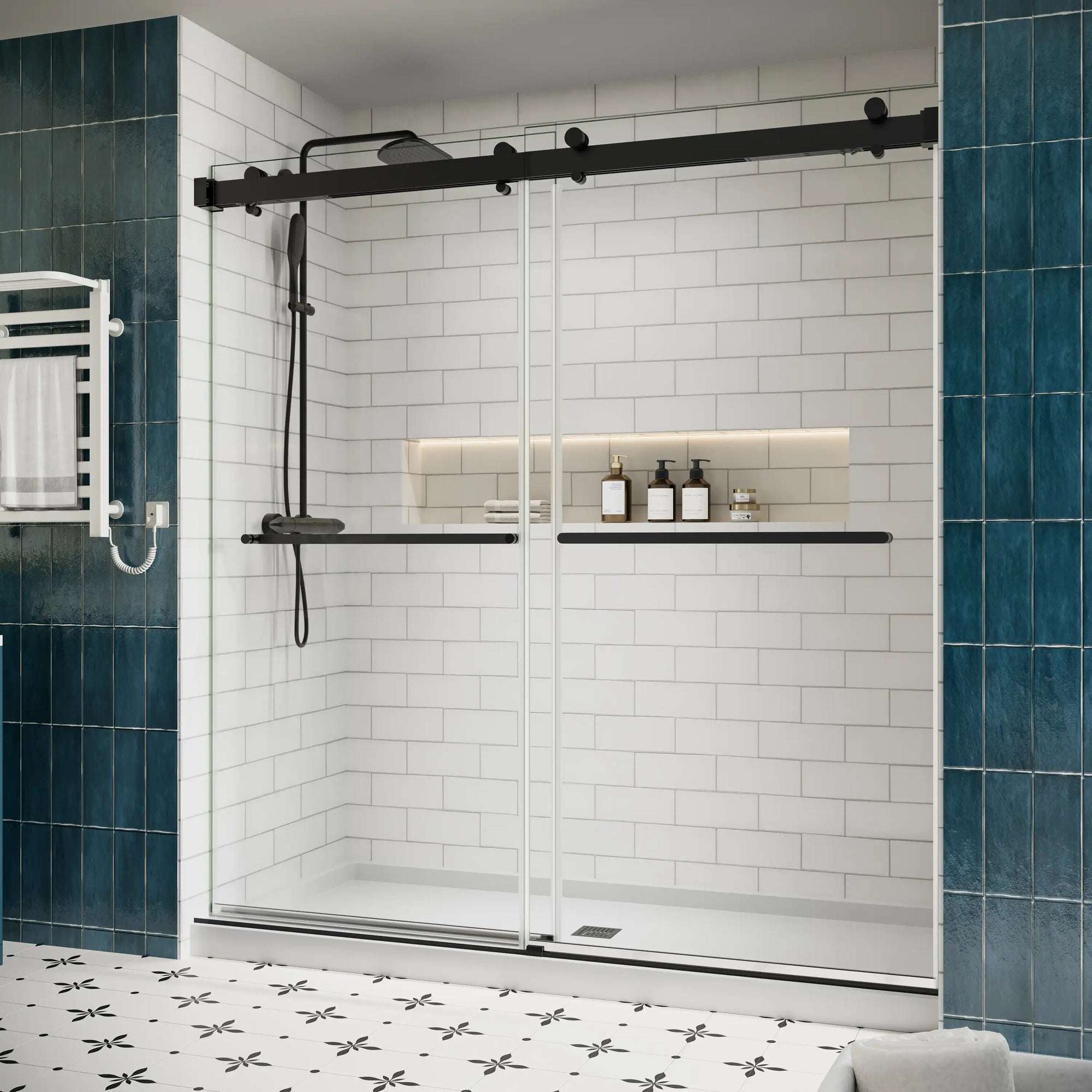 Side view of 76 x 76 frameless double sliding shower door with matte black hardware in a modern white subway tile bathroom | Ace Decor