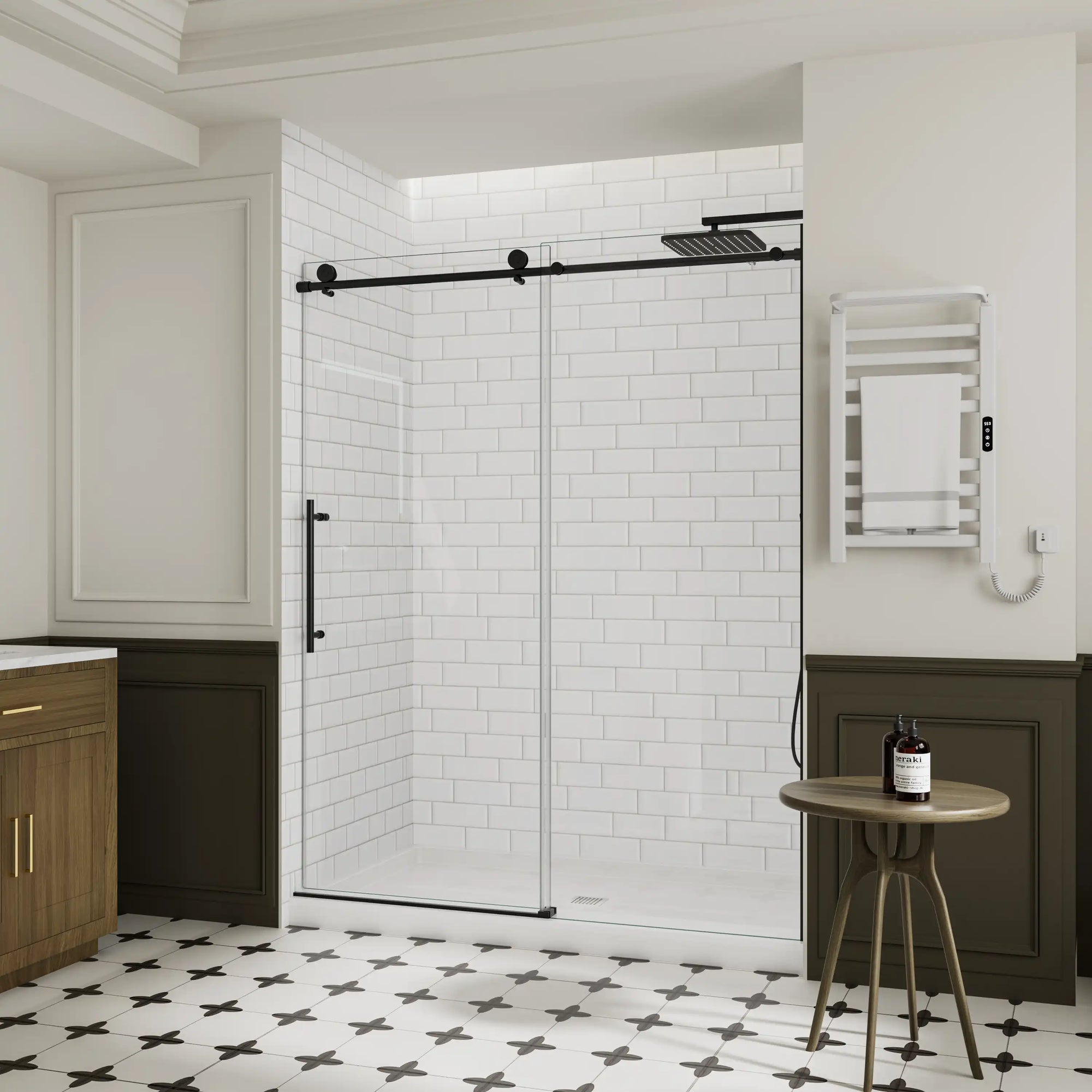 Open view of black frameless sliding shower door in modern bathroom, size 60 x 74 | Ace Decor