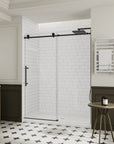 Open view of black frameless sliding shower door in modern bathroom, size 60 x 74 | Ace Decor