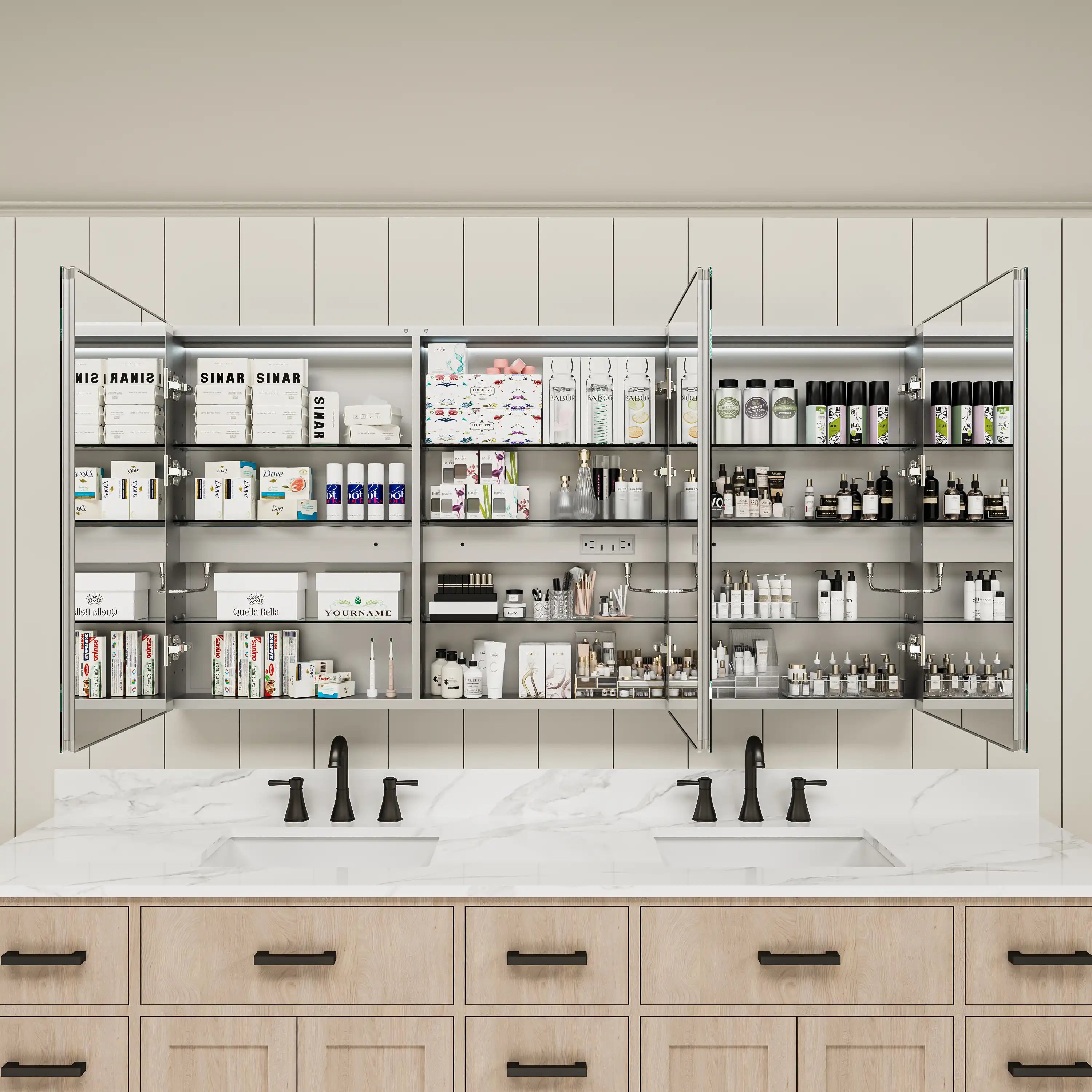 Frontview of Pro Shower 48x30/60x30 LED Medicine Cabinet open and organized with toiletries inside.