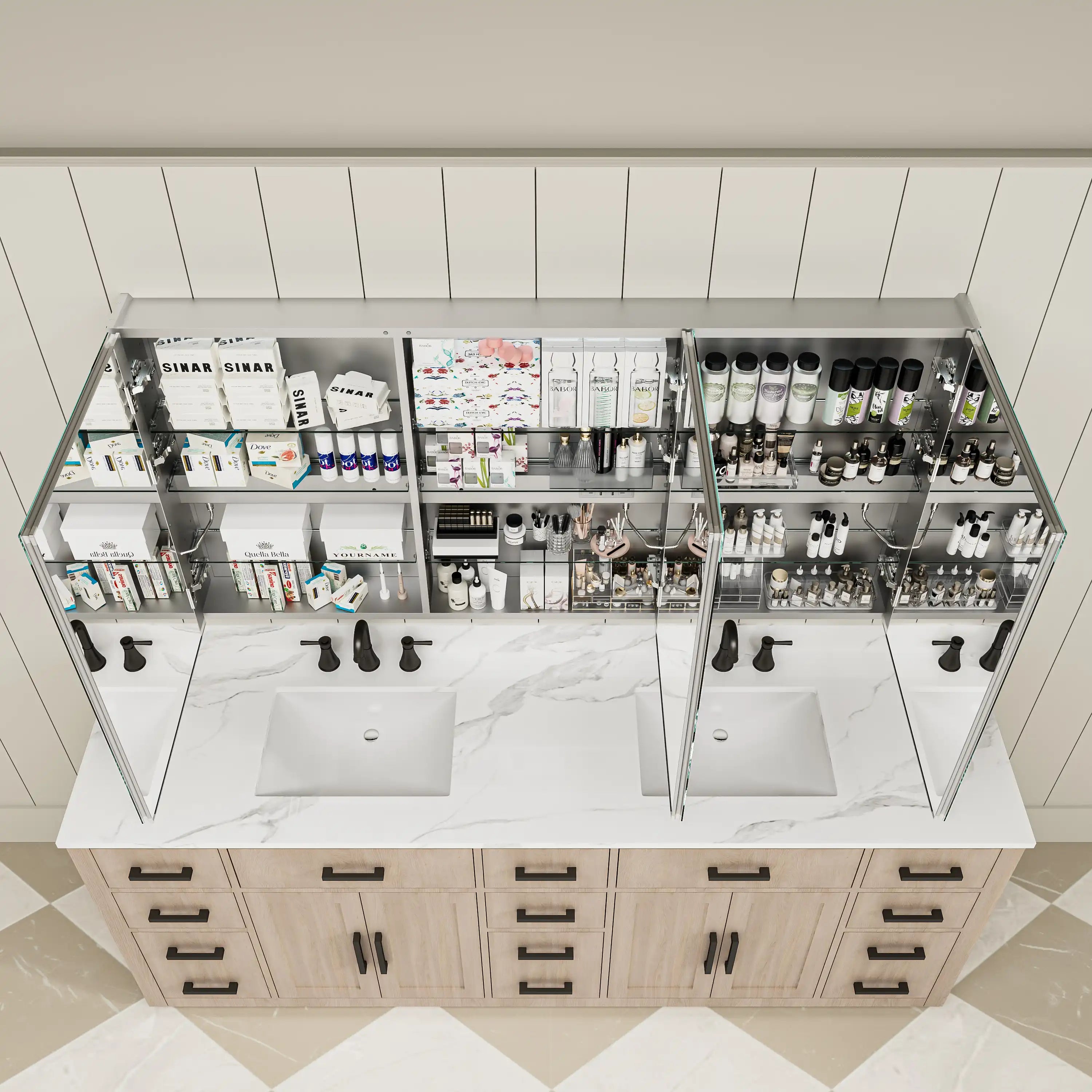 Top view of Pro Shower 48x30/60x30 LED Medicine Cabinet, with triple doors open and organized with toiletries inside.