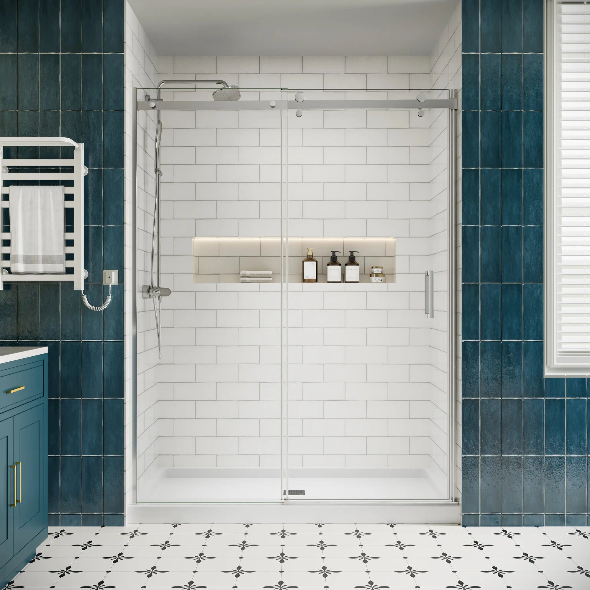 Shower door sliding frameless, size 60 x 74 inches, chrome finish, front view reverse installation | Ace Decor