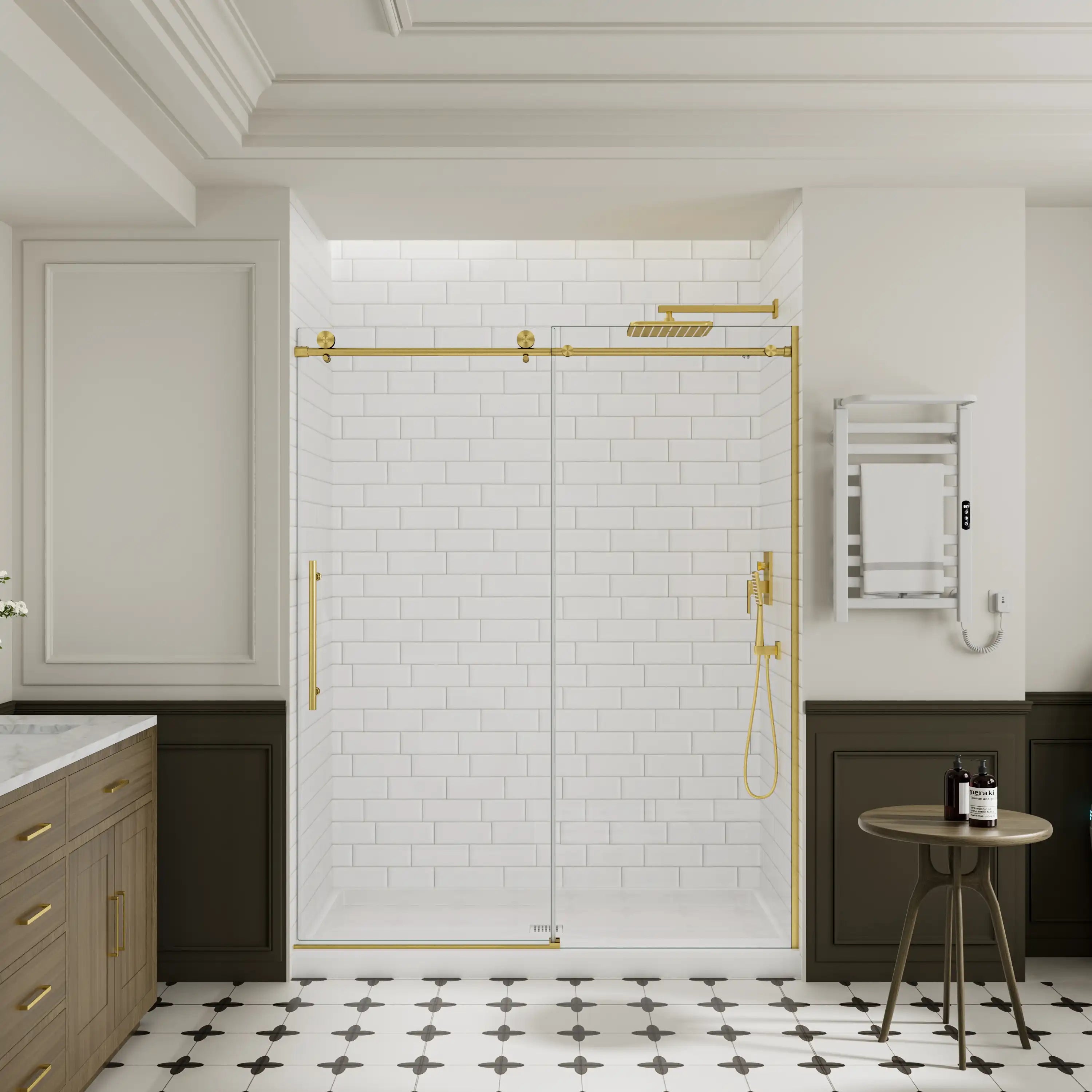 Gold frameless shower door in a subway-tile bathroom, shown in a 60 x 74 size | Ace Decor