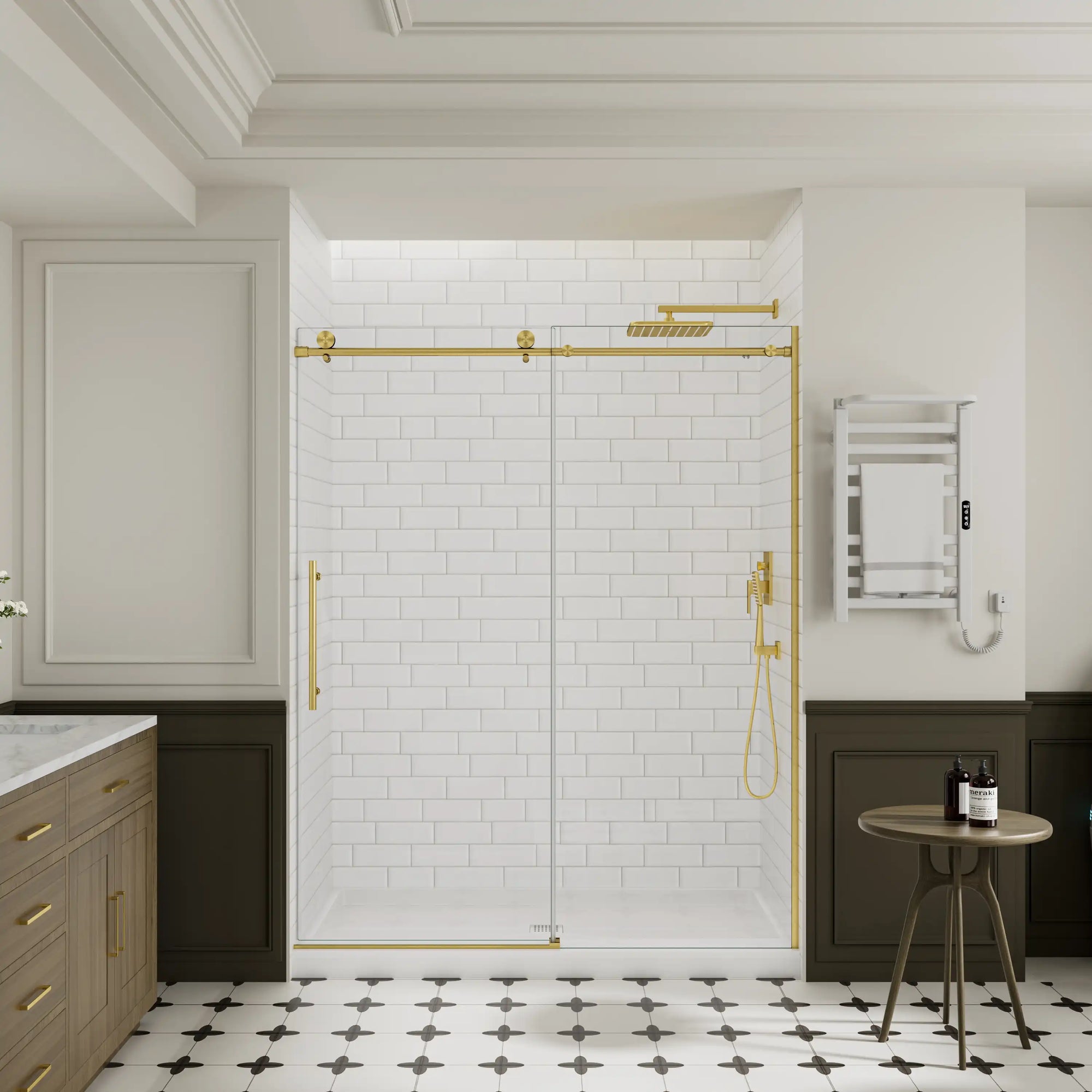 Gold frameless shower door in a subway-tile bathroom, shown in a 60 x 74 size | Ace Decor