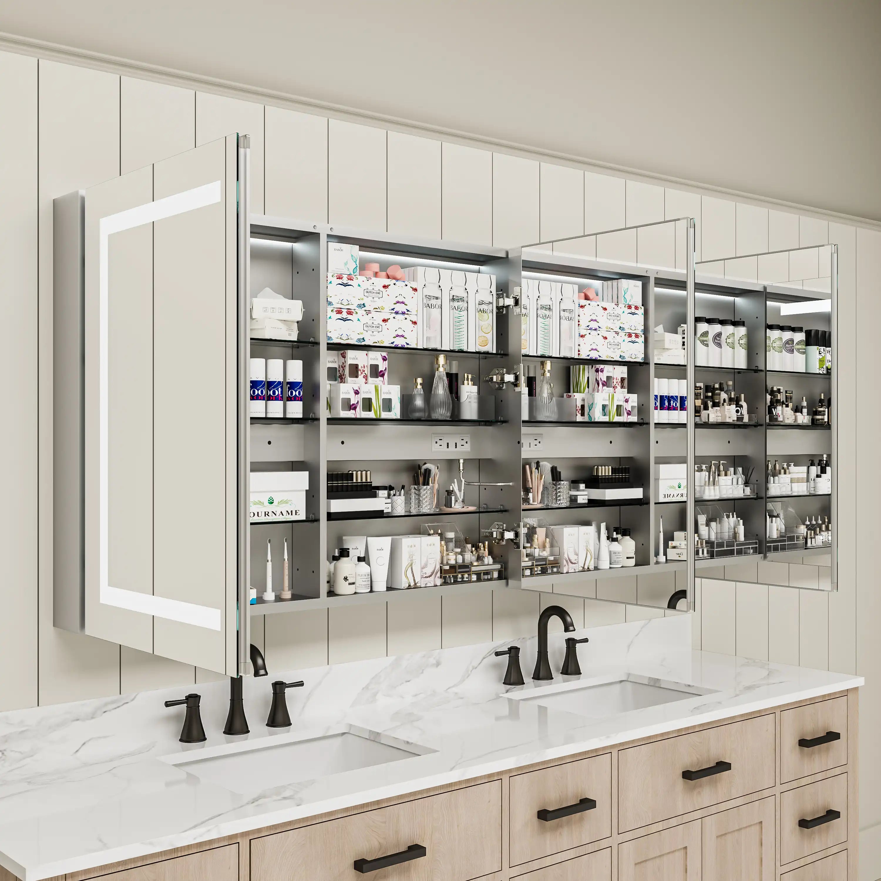 Pro Shower 48x30/60x30 LED Medicine Cabinet open with shelves fully stocked with bathroom essentials.
