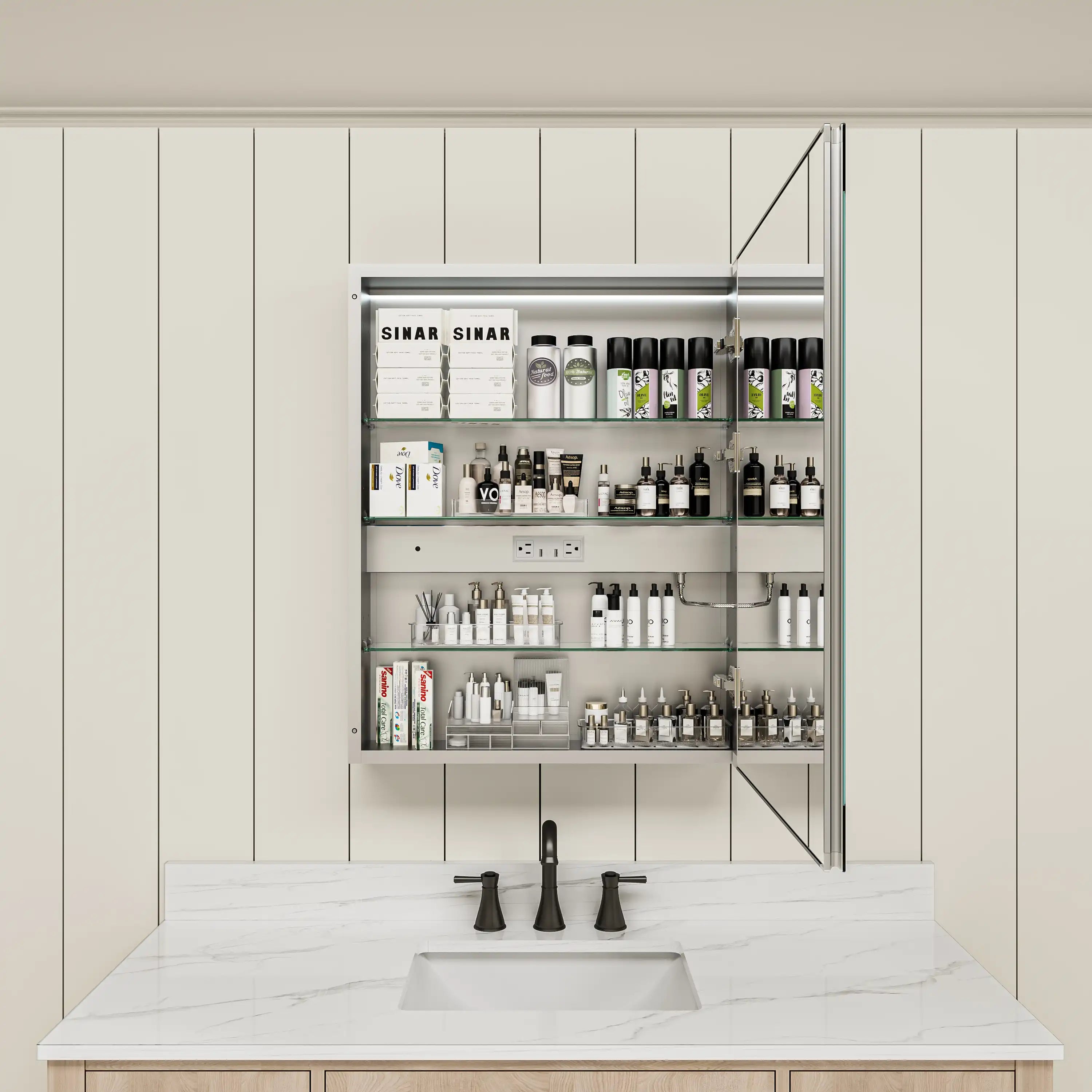 Pro Shower 24x30 LED Medicine Cabinet open with shelves fully stocked with bathroom essentials.