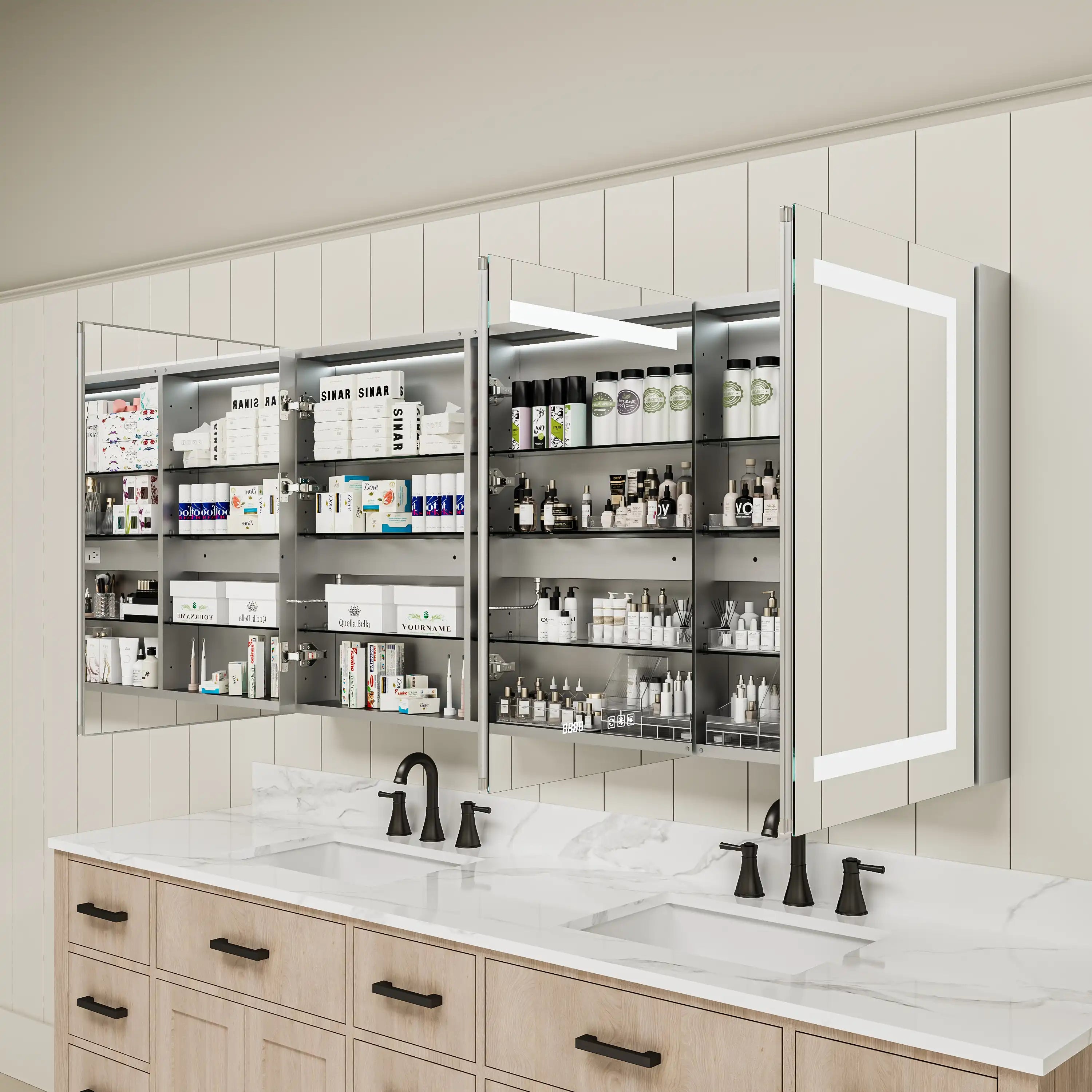 Pro Shower 48x30/60x30 LED Medicine Cabinet open with shelves fully stocked with bathroom essentials.