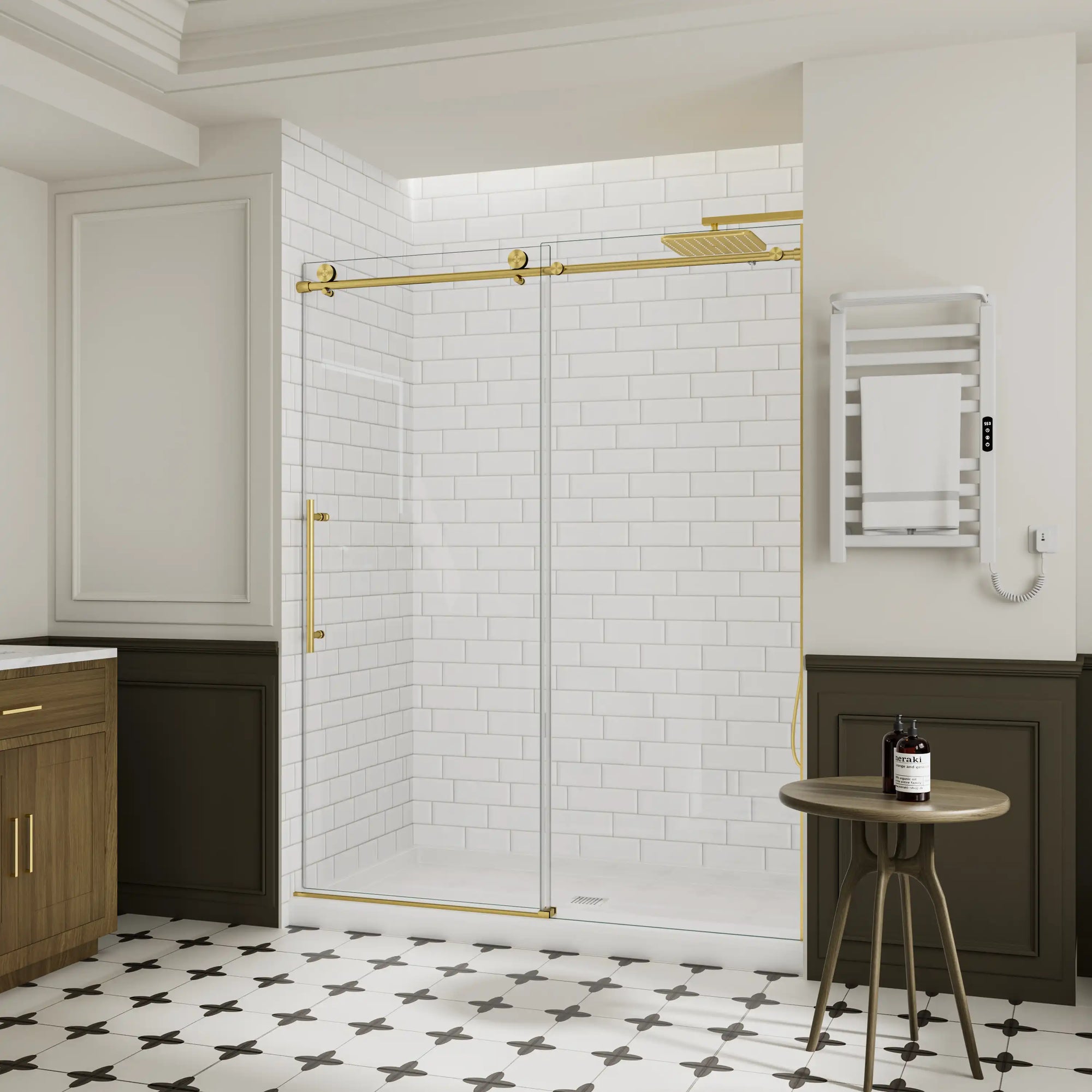 Side view of a 60 x 74 gold frameless shower door styled in a modern white subway-tile shower | Ace Decor
