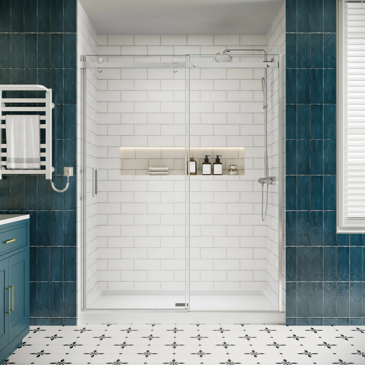Lumora chrome semi-frameless sliding shower door with exposed rollers in a white subway-tile shower | Ace Decor