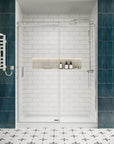 Lumora chrome semi-frameless sliding shower door with exposed rollers in a white subway-tile shower | Ace Decor
