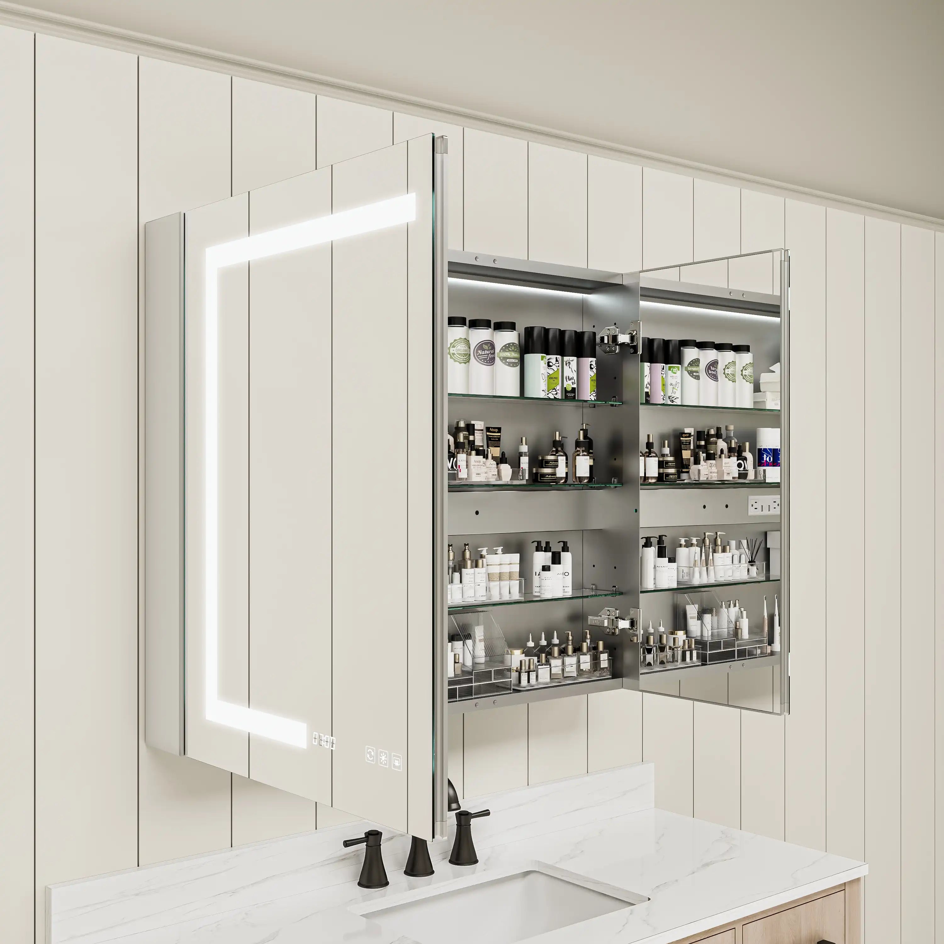 Angled view of Pro Shower 36x30 LED Medicine Cabinet open and organized with toiletries inside.