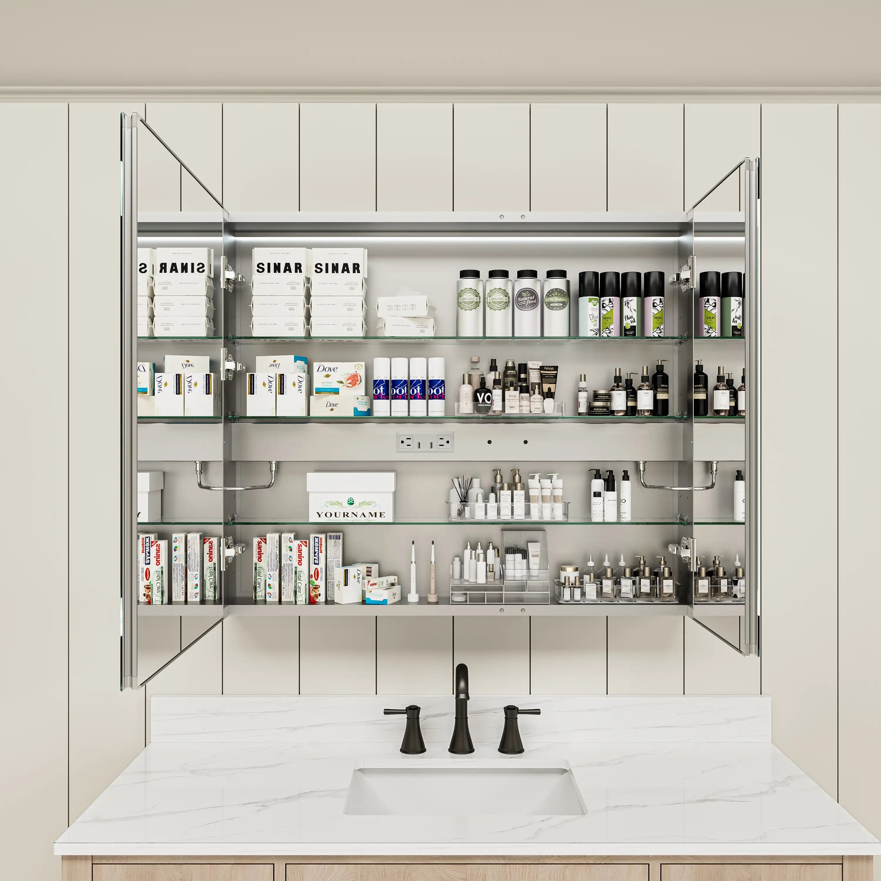 Pro Shower 36x30 LED Medicine Cabinet with door open.