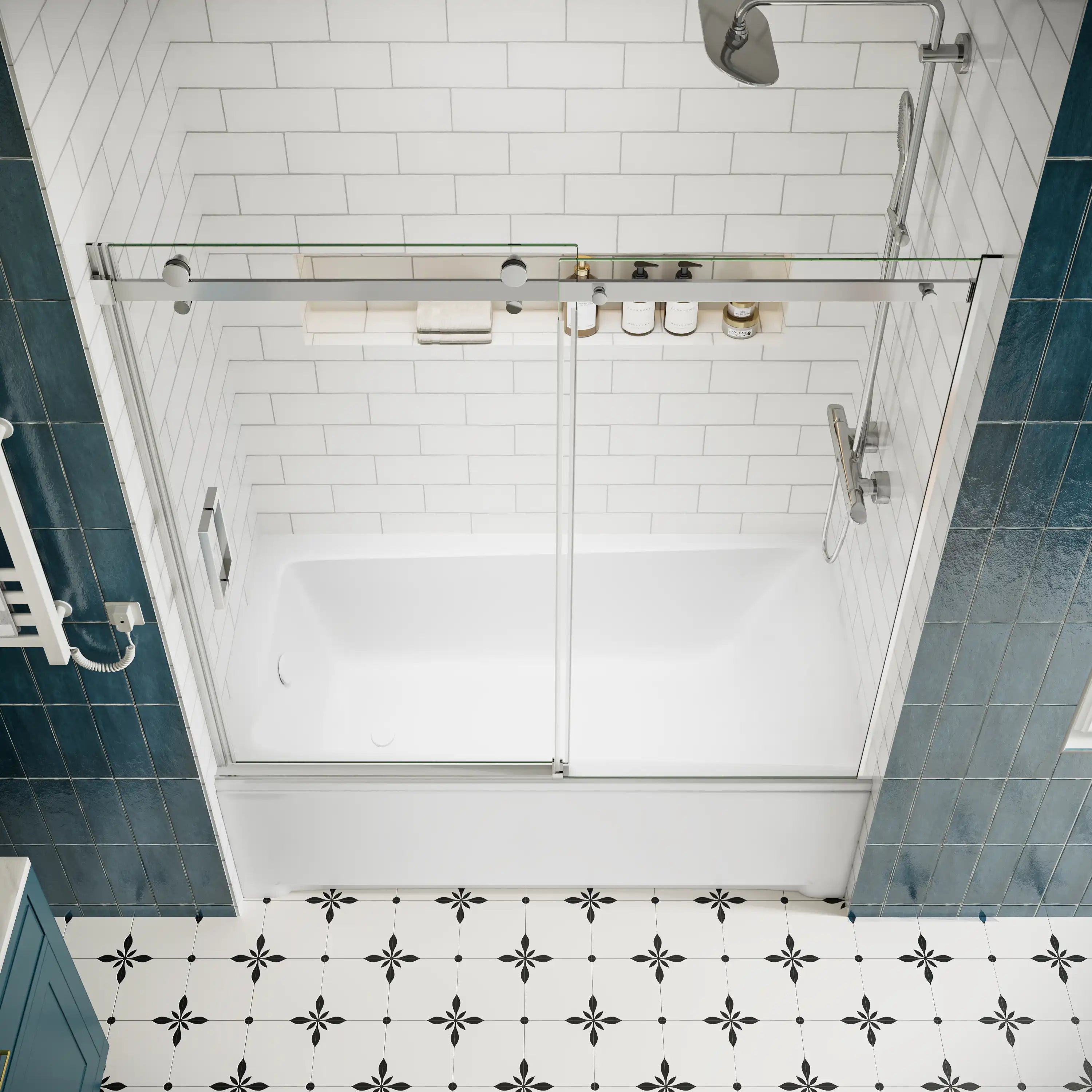Top view of bathtub sliding glass doors frameless, chrome finish, size 60 x 58 inches | Ace Decor
