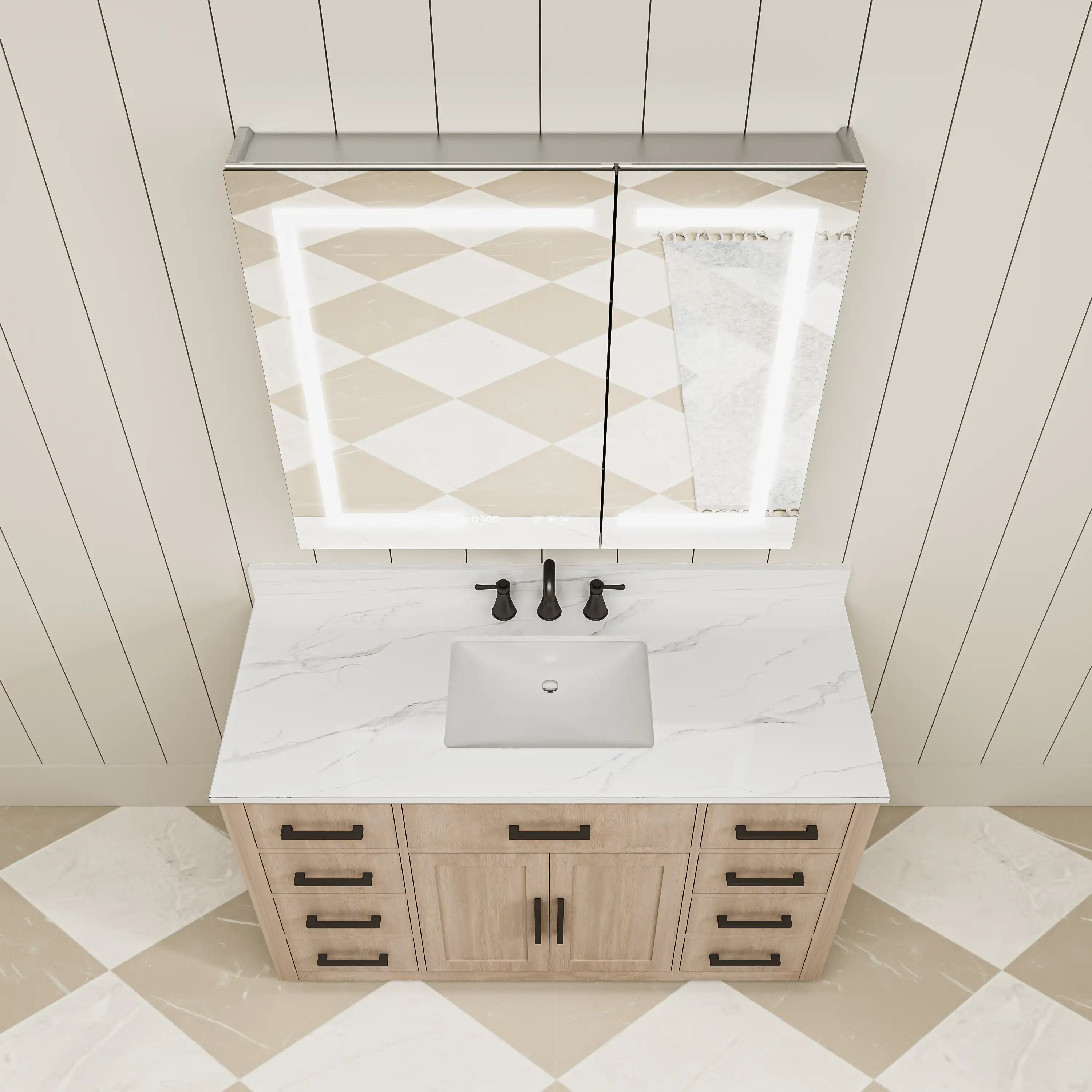 Top view of Pro Shower 36x30 Rectangular LED Medicine Cabinet installed above light wood vanity and marble countertop.