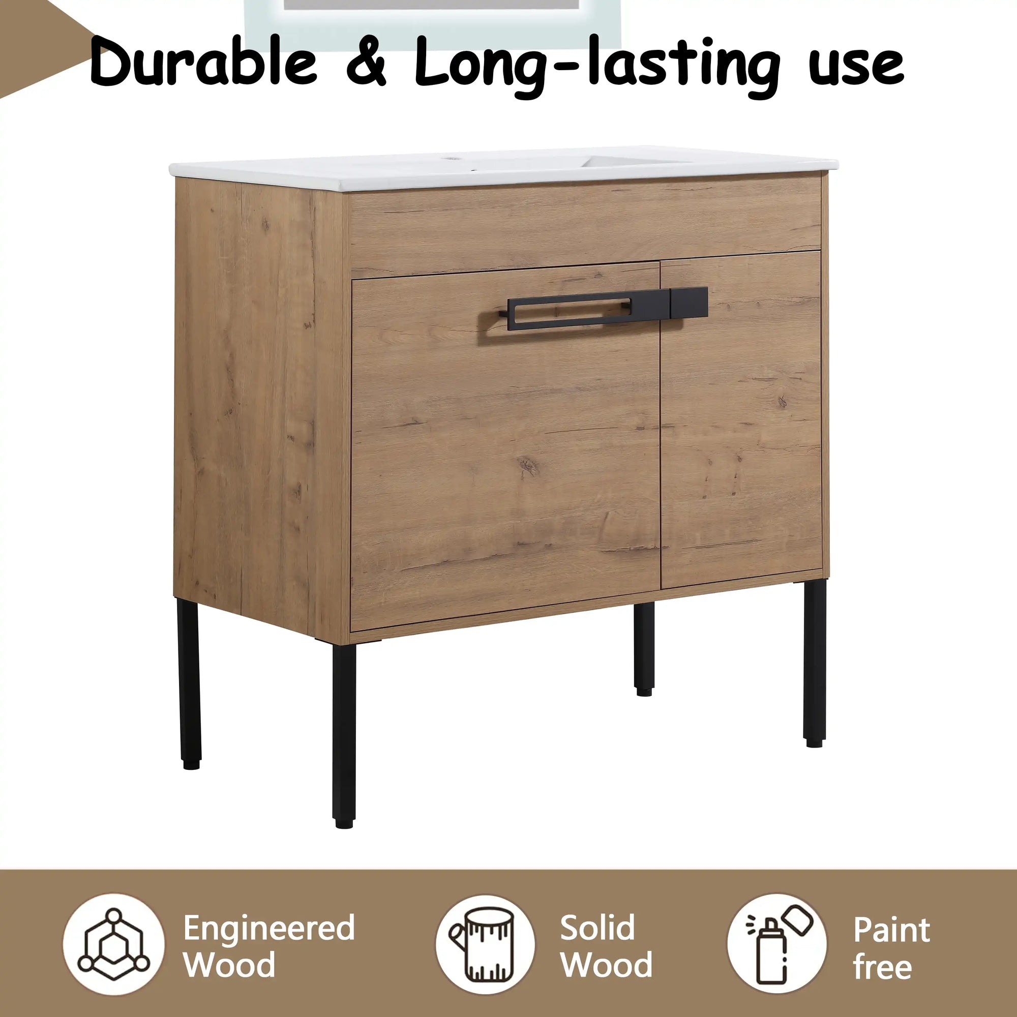 36" freestanding 36 inch bathroom vanity highlighting durable engineered wood construction and solid support legs | Ace Decor
