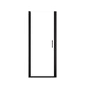 Matte black semi-frameless pivot shower door with clear glass.